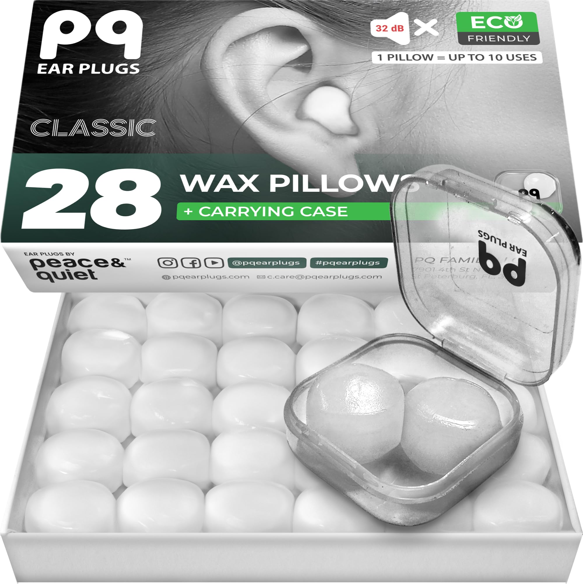 PQ Wax Ear Plugs for Sleeping - 28 Silicone Wax Earplugs for Sleeping and Swimming, Gel Ear Plugs for Noise Cancelling, Sleeping Earplugs, Sound Blocking Level of 32 Db (28 Pillows), Color: White