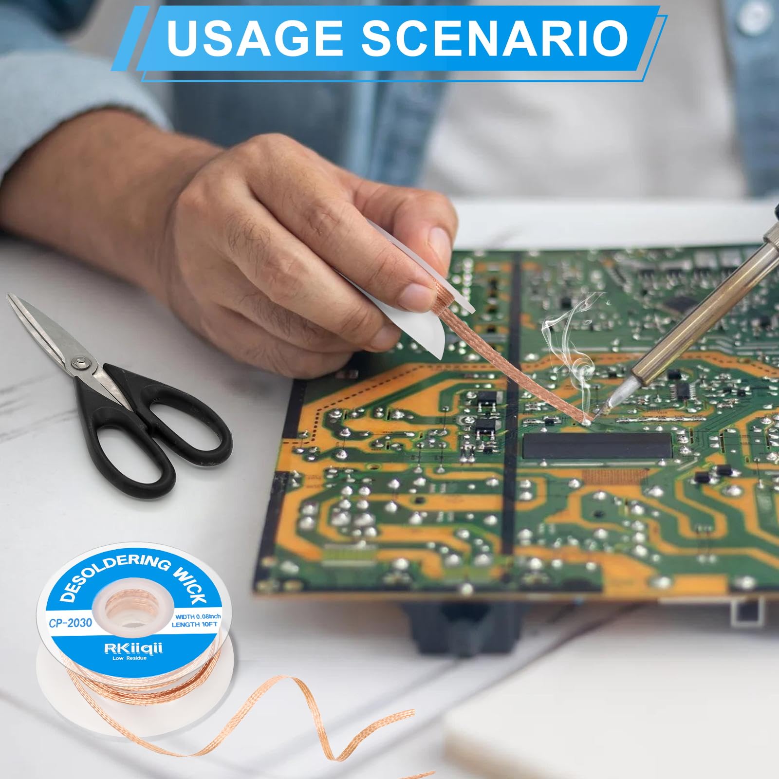 Rkiiqii 3pcs Solder Wick Braid with Flux, Upgrade Desoldering Wick (0.08/0.1/0.12in, 10ft Each) No Clean Low Residue Soldering Wick, Coated Braid for Electronics Component Repair, PCB Circuit Board