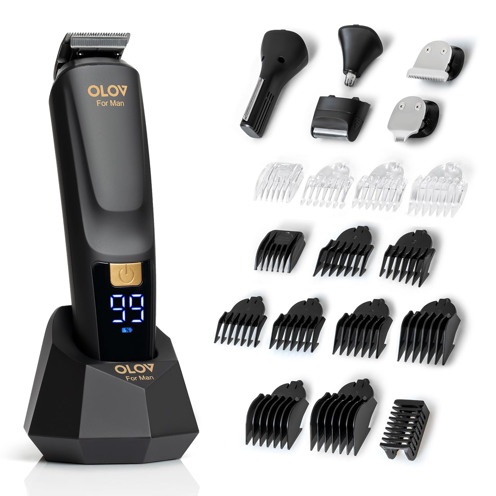 OLOV Barttrimmer für Herren, 21-teiliges All-in-One Herrenpflege-Kit und Haarschneider, Nase, Ohren, Körper und Gesicht, Elektrorasierer mit USB-Ladestation