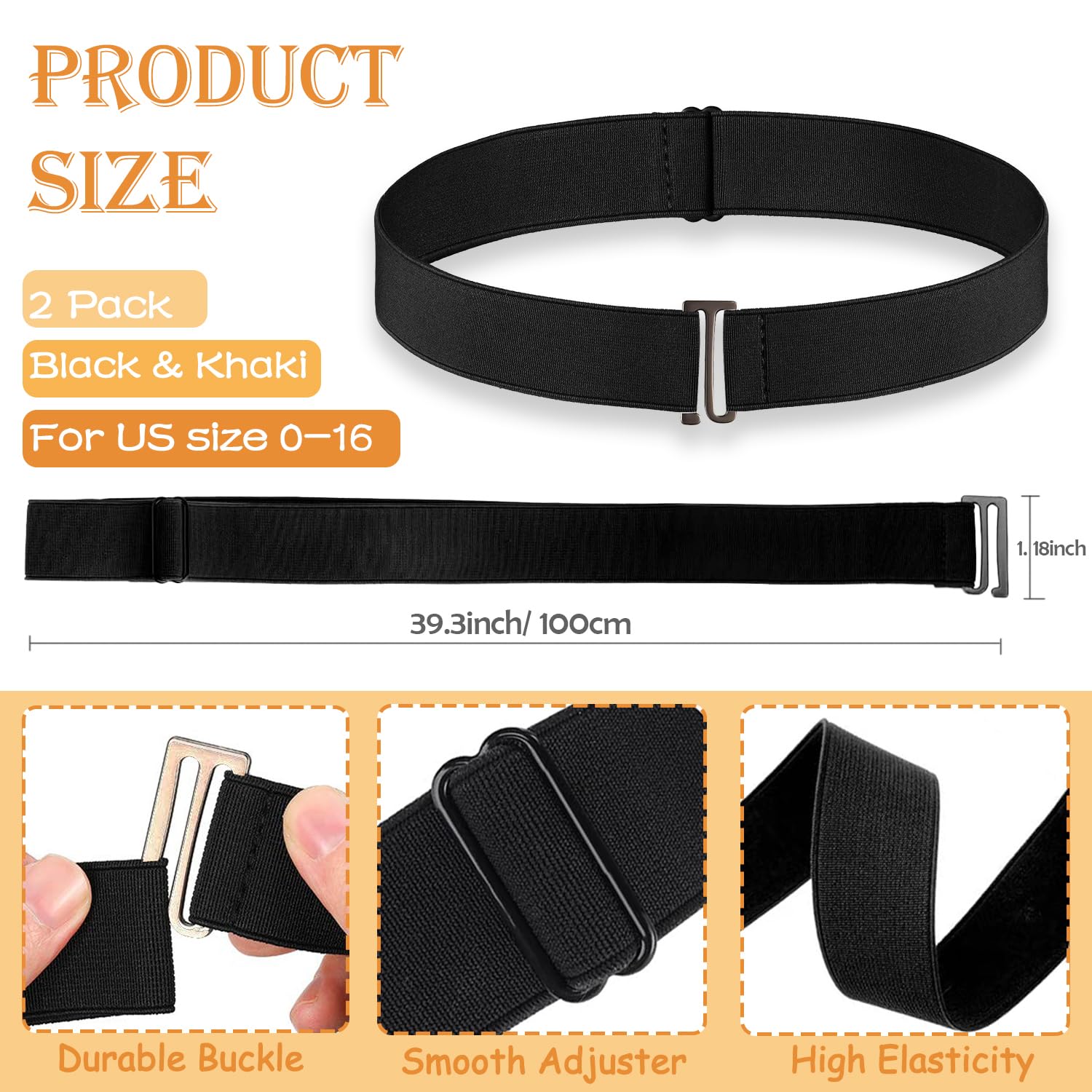 HAWOWZ 2Pcs No Show Stretch Belt for Women Invisible Elastic Belt Stretch, Adjustable Strap Belt with Flat Buckle for Jeans Pants Dresses