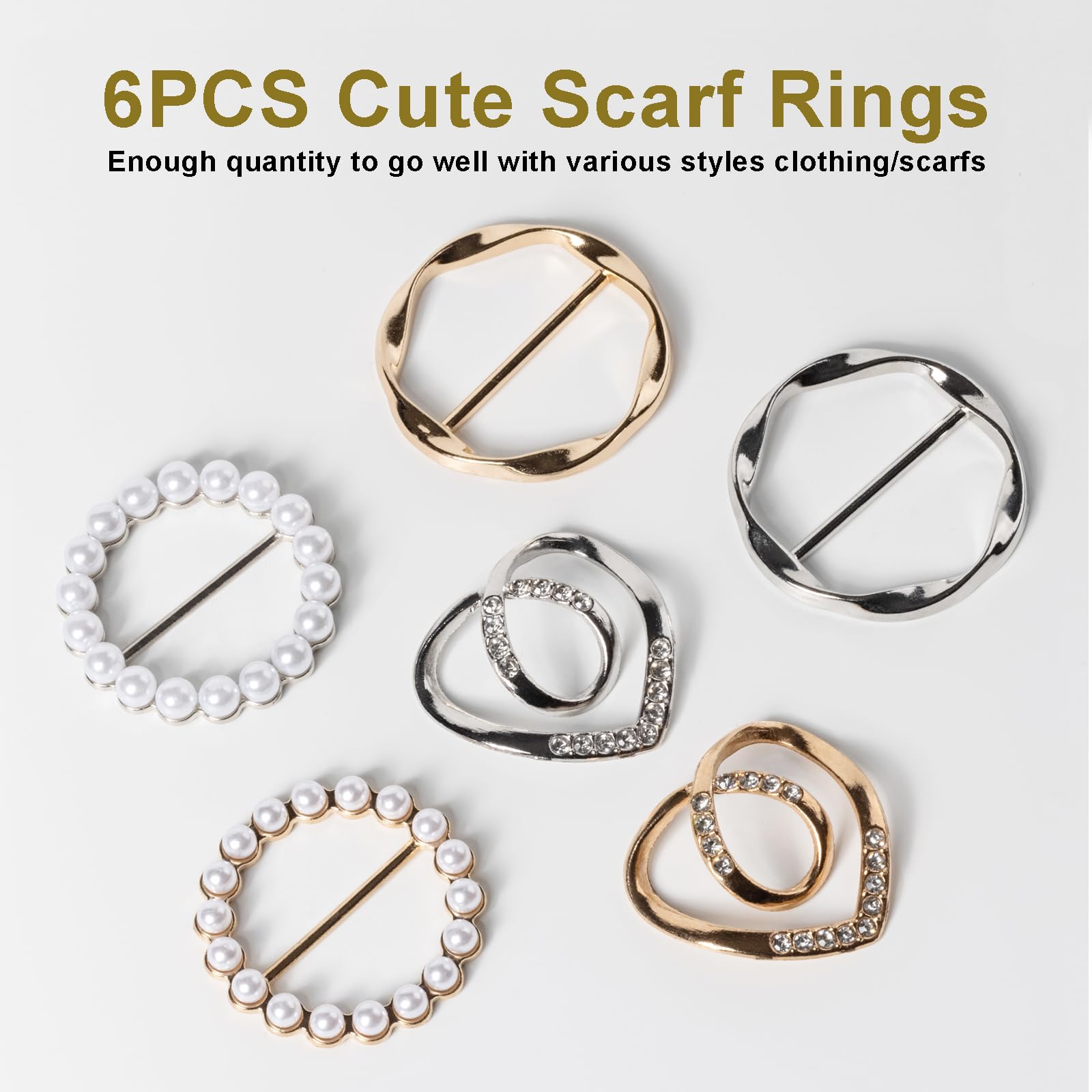 Atopxing 6PCS Cute Scarf Ring and Slides for Scarves, Premium T-Shirt Clips for Women Clothing, 3 Different Sized Waist Cinch Clip Buckle For Womens Clothing Accessories, Gold/Silver