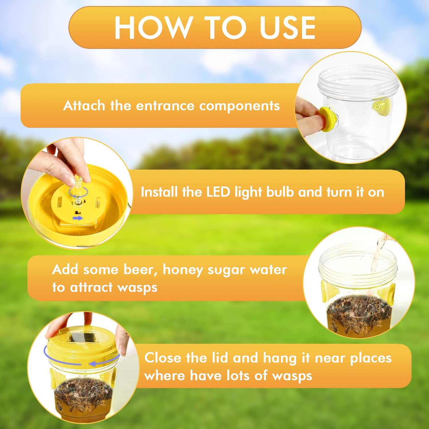 Wasp Traps for Hunting Wasps, Bees, Hornets, Insects, Yellow Jacket Traps, Wasp Trap Catcher, Reusable Solar Powered Hanging for Outdoor, 4 Packs