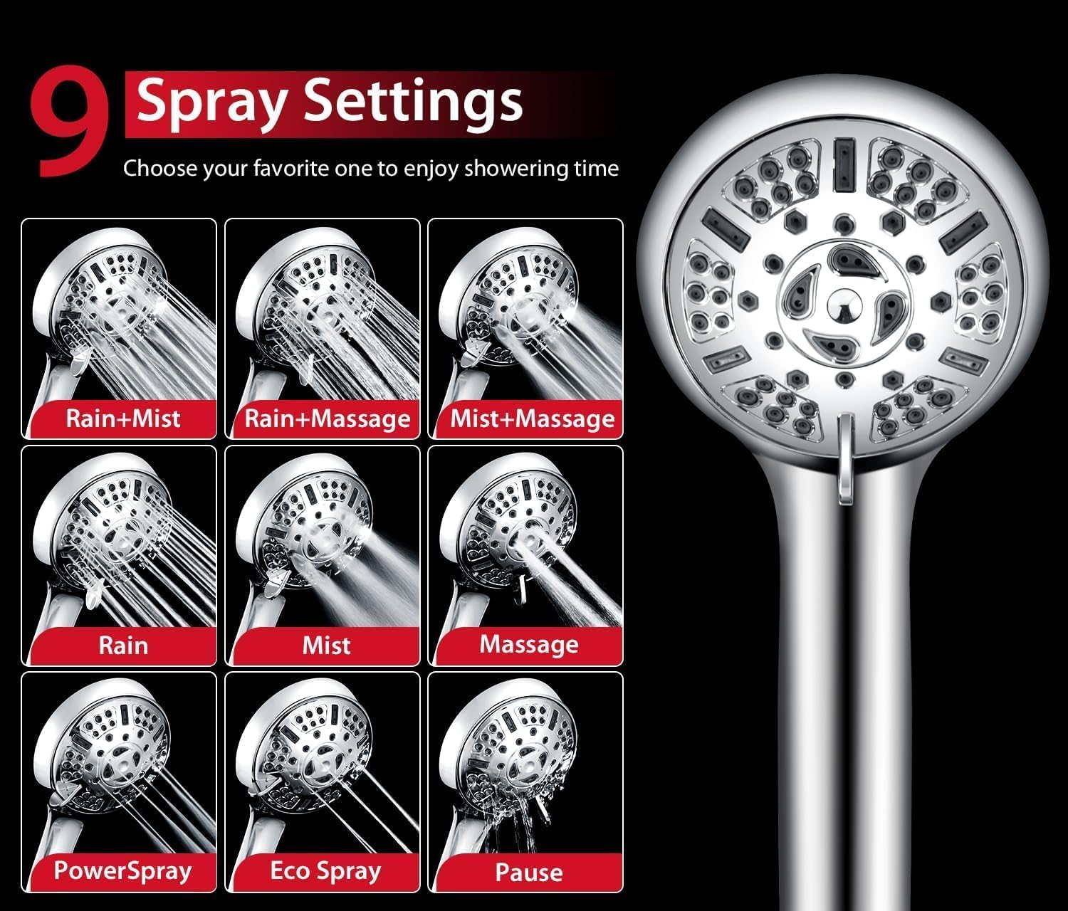 GRICH 2.5GPM Shower Head with Handheld Spray Combo: 2 in 1 Rainfall Shower Heads high pressure & Handheld Shower Head, 9 Spray Modes/Settings Detachable Shower Head with 60 Inch Hose