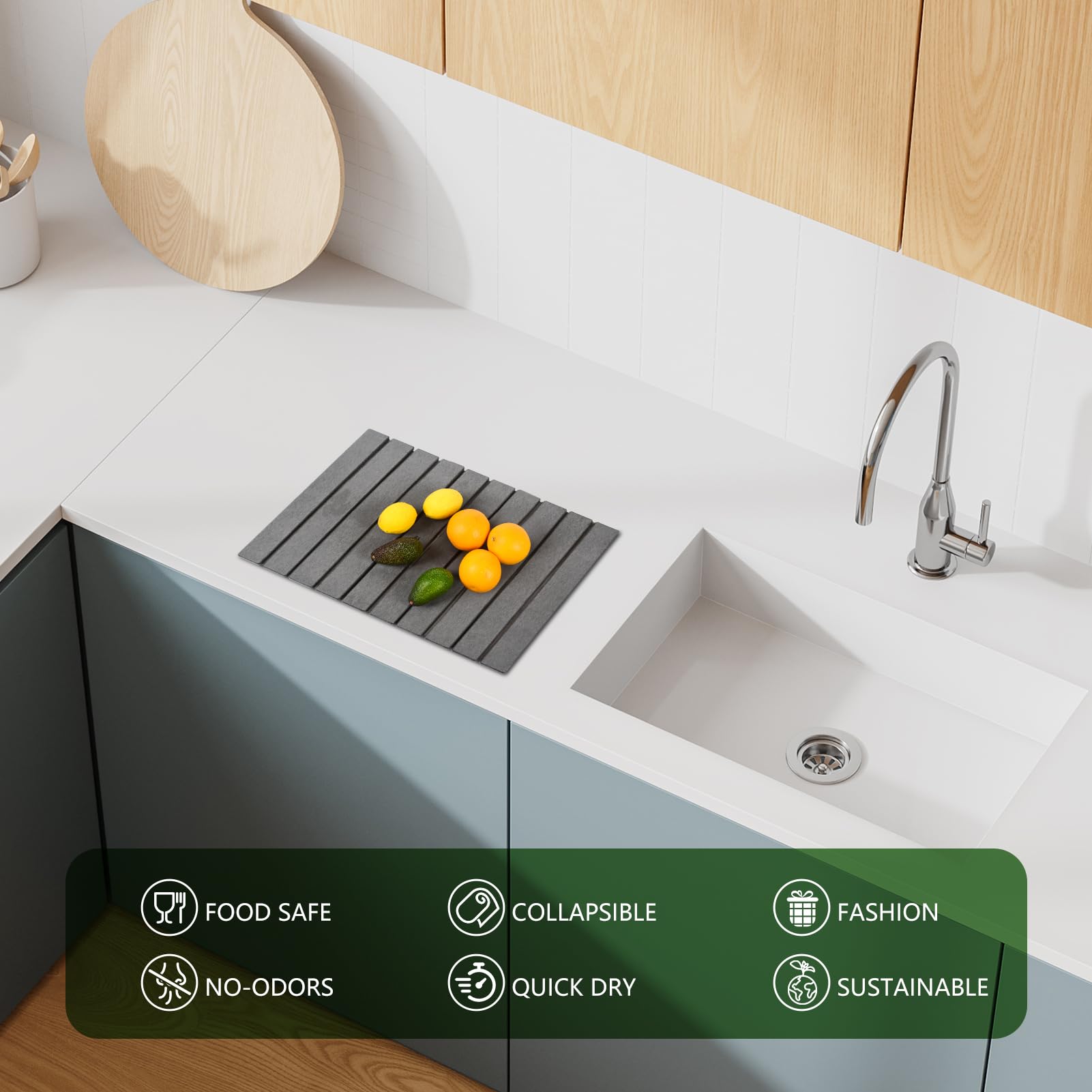 Oxydrily Stone Drying Mat for Kitchen Counter, Large Dark Gray Foldable Diatomaceous Earth Dish Drying Mat, Quick-Dry Absorbent Bath & Countertop Mat for Dishes Bottles Cups 23"x15.3"