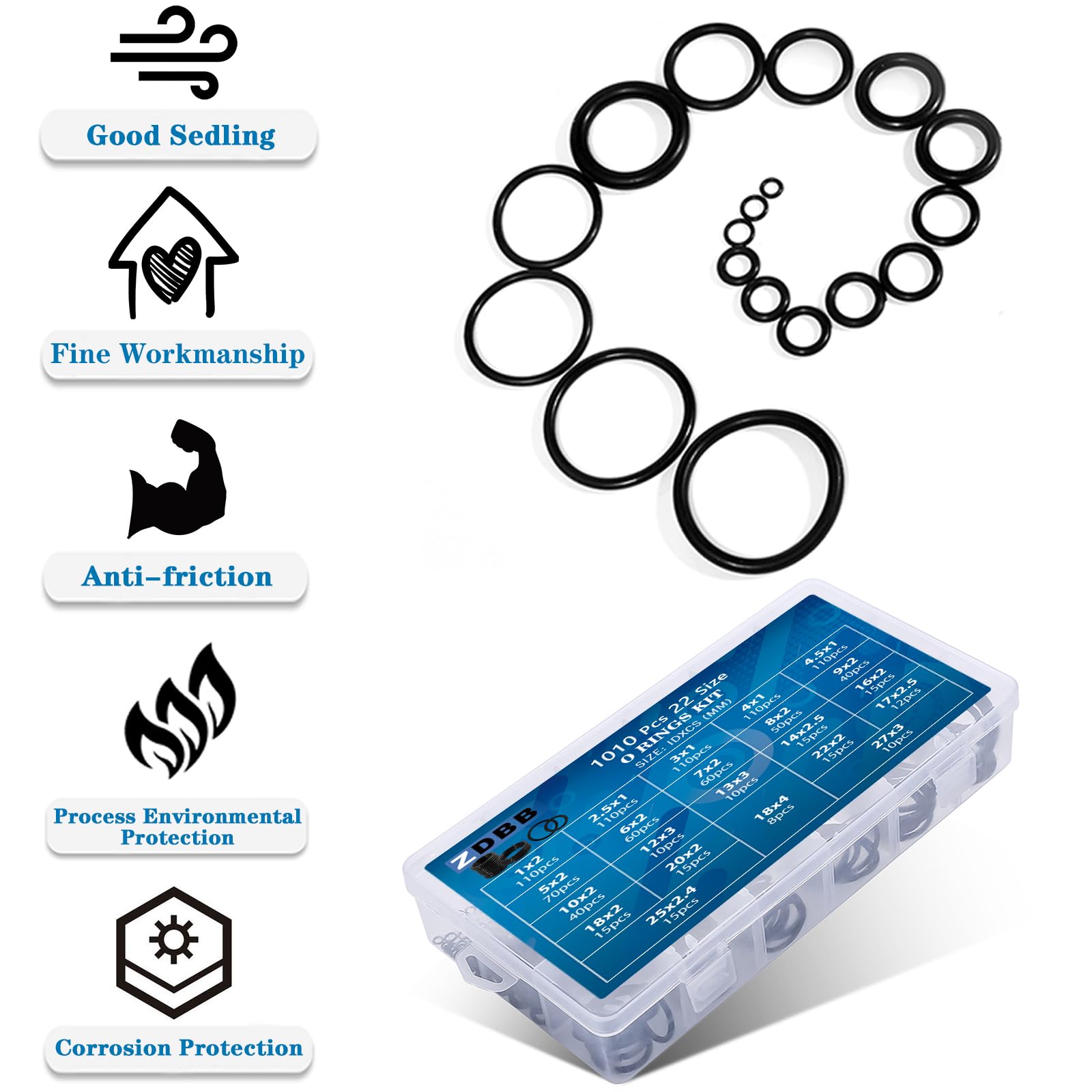 ZDBB 1010 Pcs Rubber O Rings Kit 22 Size Universal O-Ring Assortment Set for Automotive Faucet Pressure Washers Plumbing Sealing Repair,Air or Gas Connections,Resist Oil and Heat