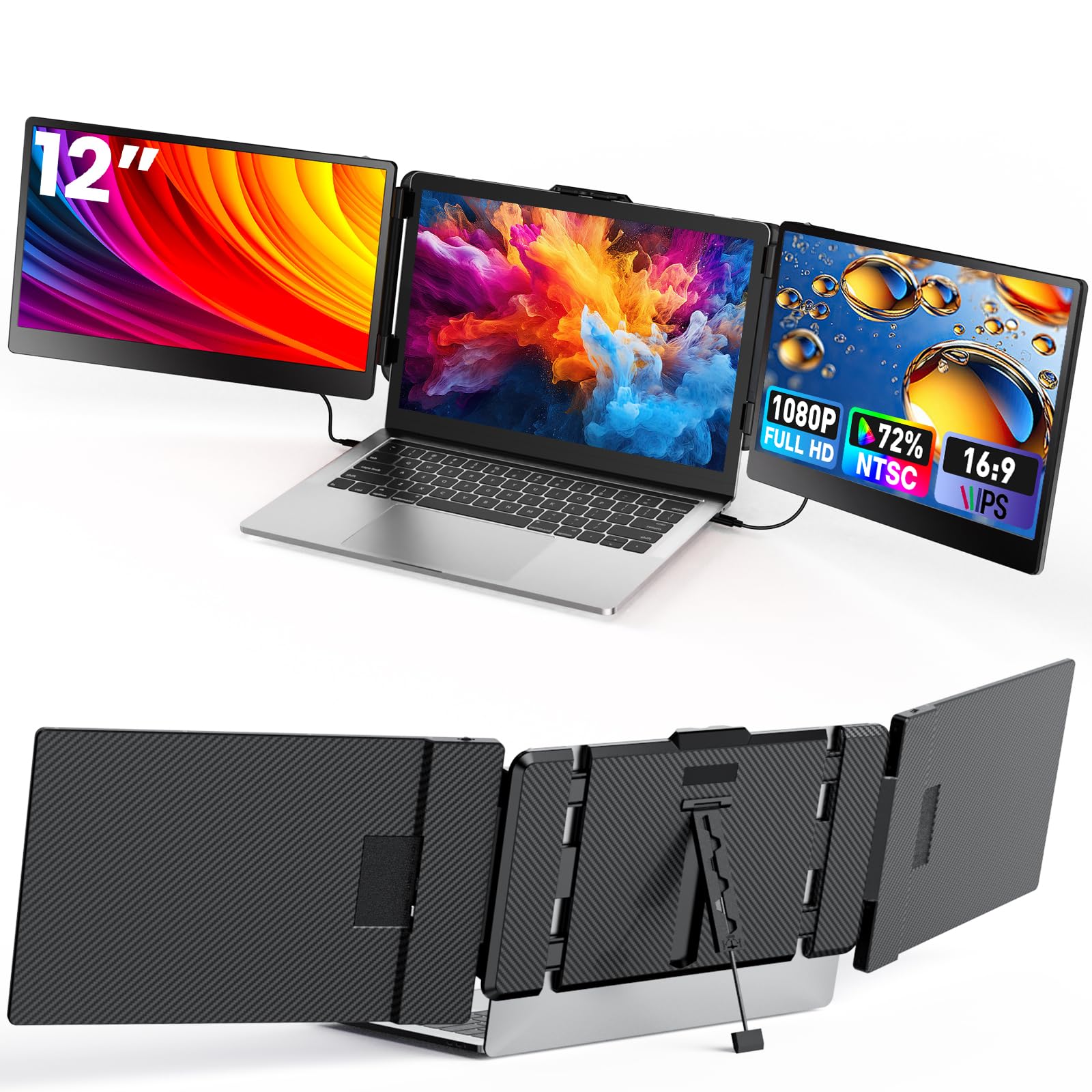Fagomfer Laptop Screen Extender, 12Ã¢ÂÂÃ¢ÂÂ Triple Laptop Monitor Extender Ultra Slim 1080P FHD IPS Portable Monitor for Laptop with Stand Compatible with Mac Windows Linux Switch PS4/5