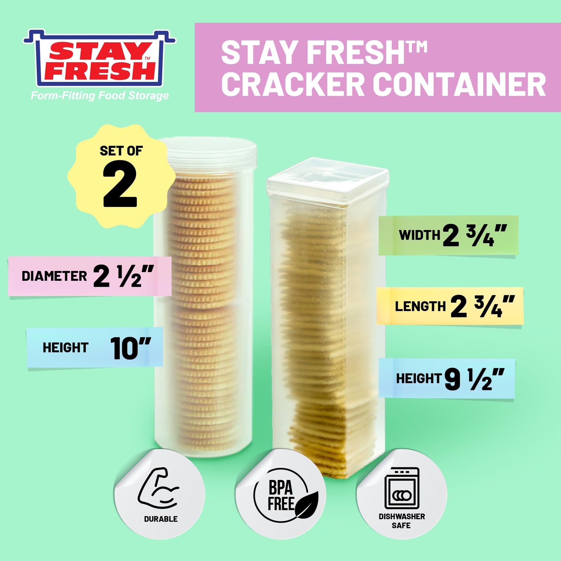 Set of 2 - Saltine Cracker Sleeve Storage Container/Cookie Stay Fresh Keeper, Round and Square
