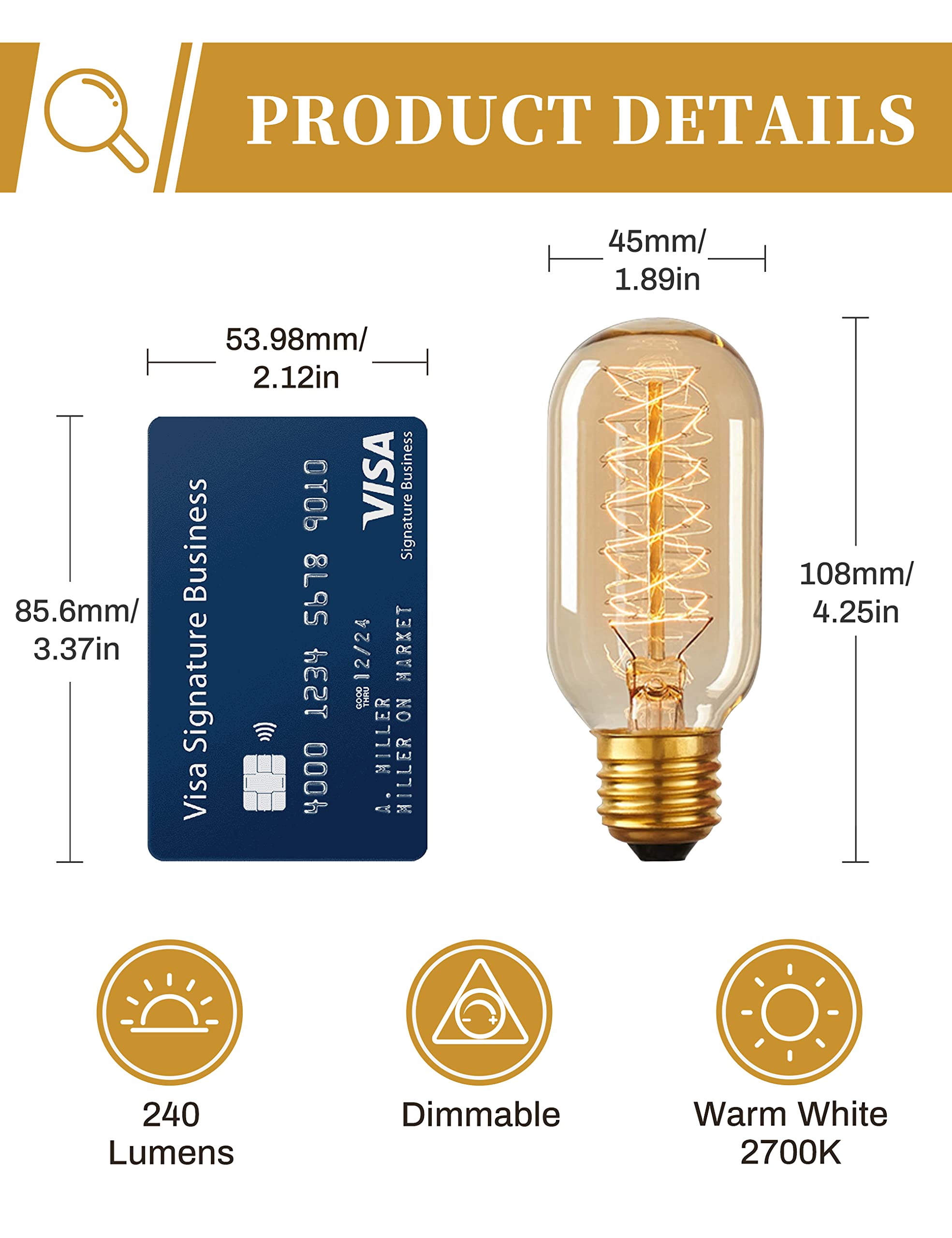 DORESshop Edison Bulbs, Vintage Edison Light Bulbs 40 Watt, T45, 110-130 Volts, E26/E27 Base Incandescent Dimmable Decorative Antique Filament Light Bulbs, Amber Glass, Warm White, 4 Pack