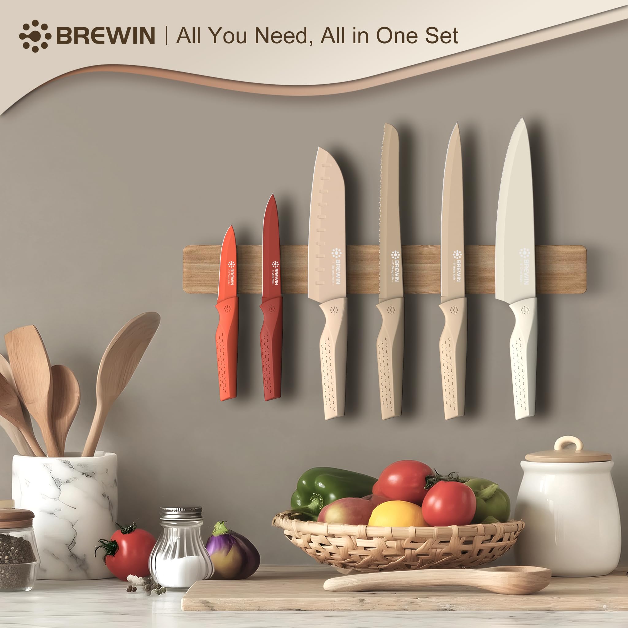 Brewin Knife set, 13 Pieces Kitchen Knives Set, Anti-Rust Coating and Blade Guard, Home Essentials, Camping Essentials - Muliticolor