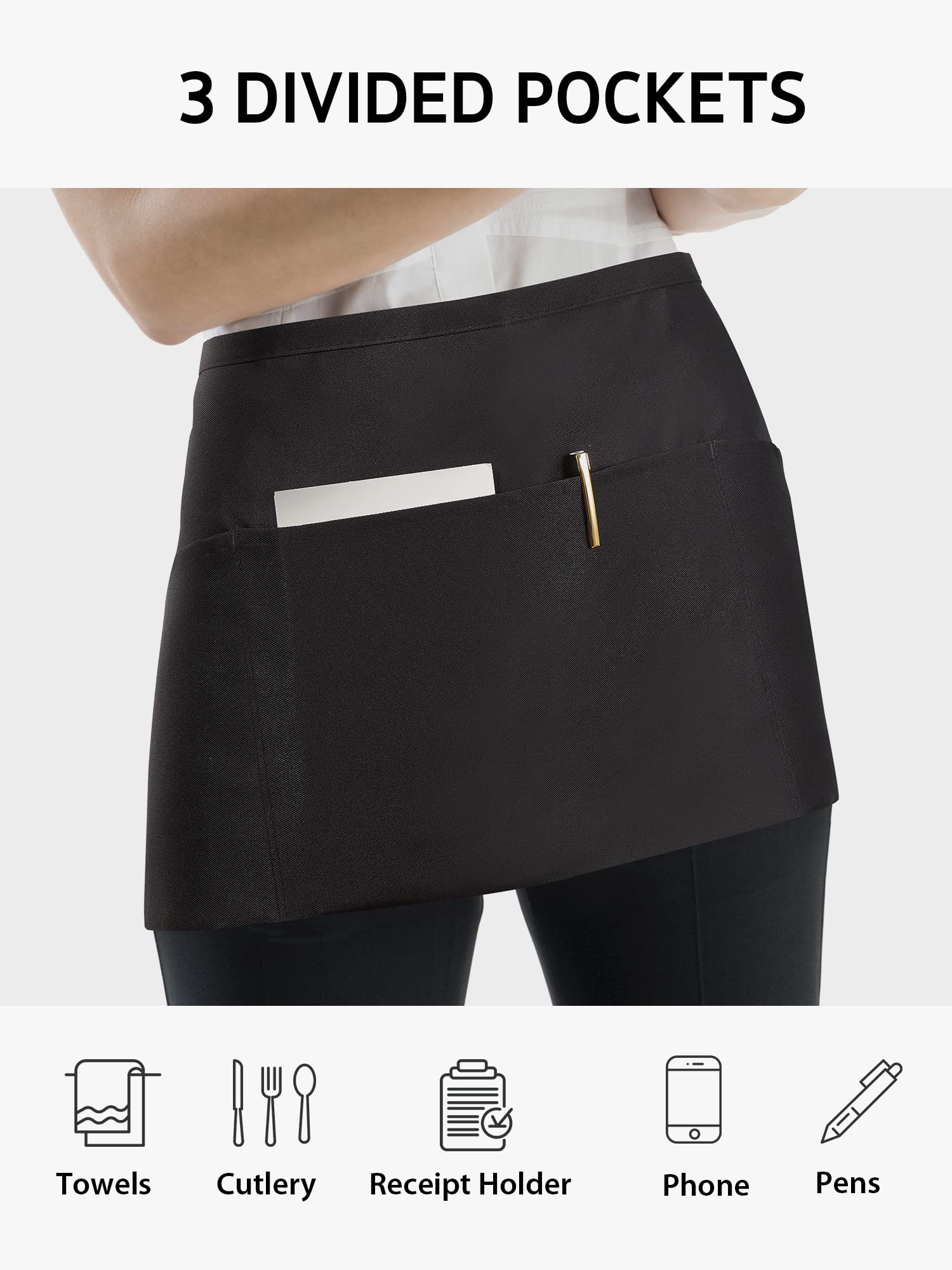 Syntus 3 Pack Server Aprons with 3 Pockets, Waterdrop Resistant Waitress Waiter Waist Apron, 11.5-inch Black
