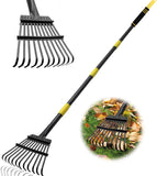 Coopvivi Garden Leaf Rakes, 6FT Rakes for Lawns Heavy Duty 11 Metal Tines 9 inch Wide, Adjustable Long Steel Handle, Small Shrub Rake, Gathering Leaves (Black)