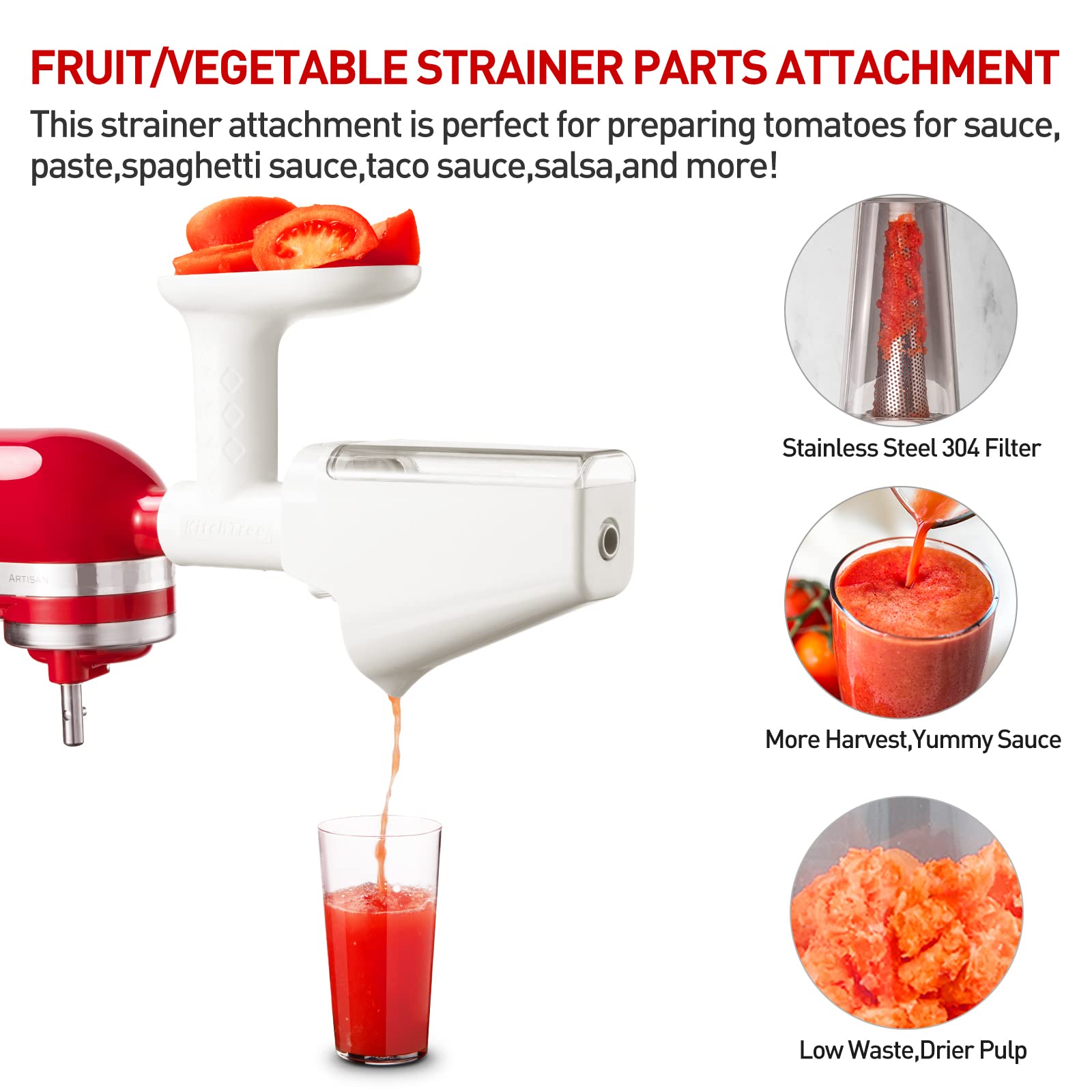 KITCHTREE Fruit & Vegetable Strainer Attachment Set for KitchenAid - Includes Food Grinder Attachment and Sausage Stuffer Tubes, Compatible with KitchenAid Stand Mixers