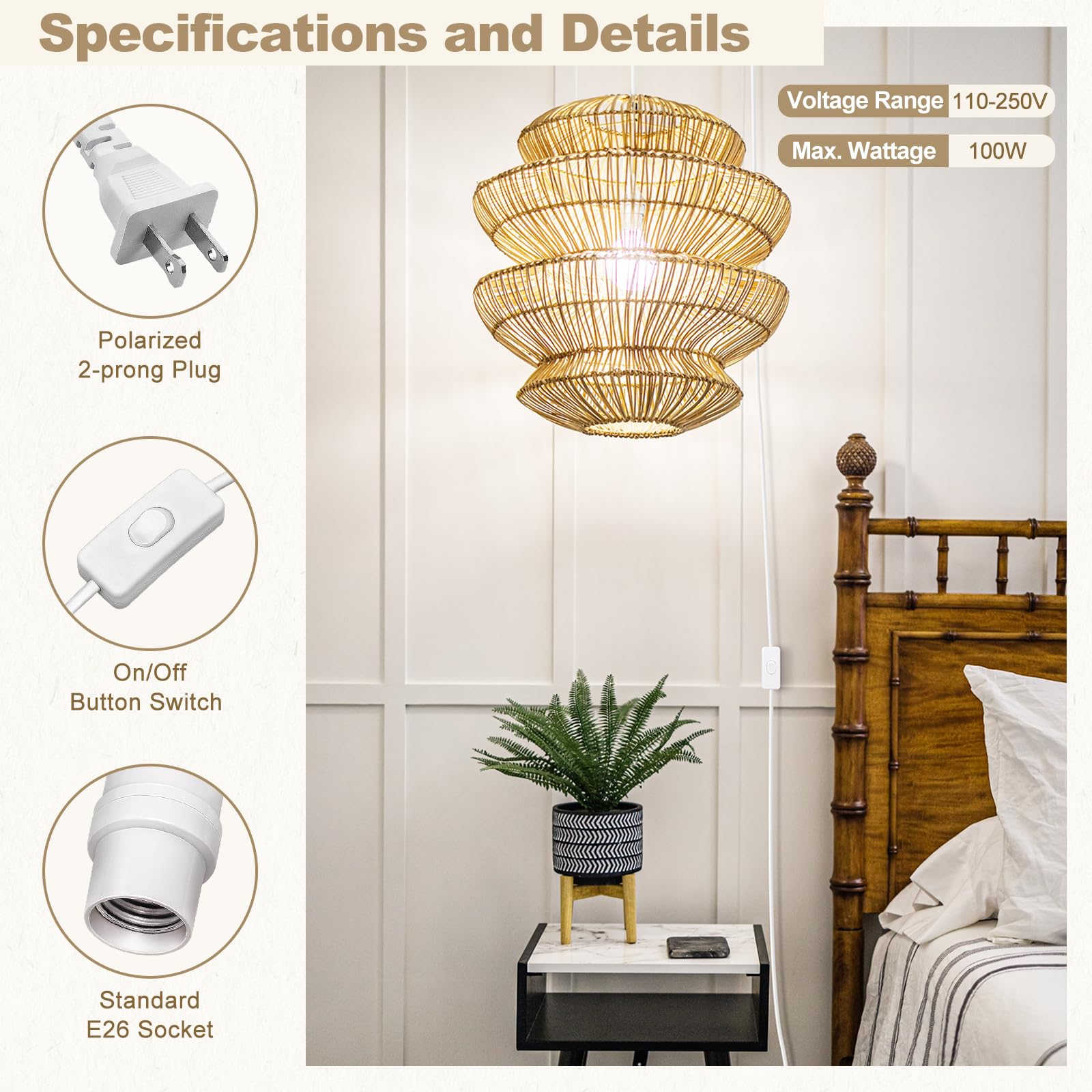 DiCUNO Hanging Lantern Extension Cord Cable, E26 Pendant Light Socket On Off Inline Cord Switch Control Lamp, Switch Close to Polarized Plug, 13 Feet, White, 1-Pack