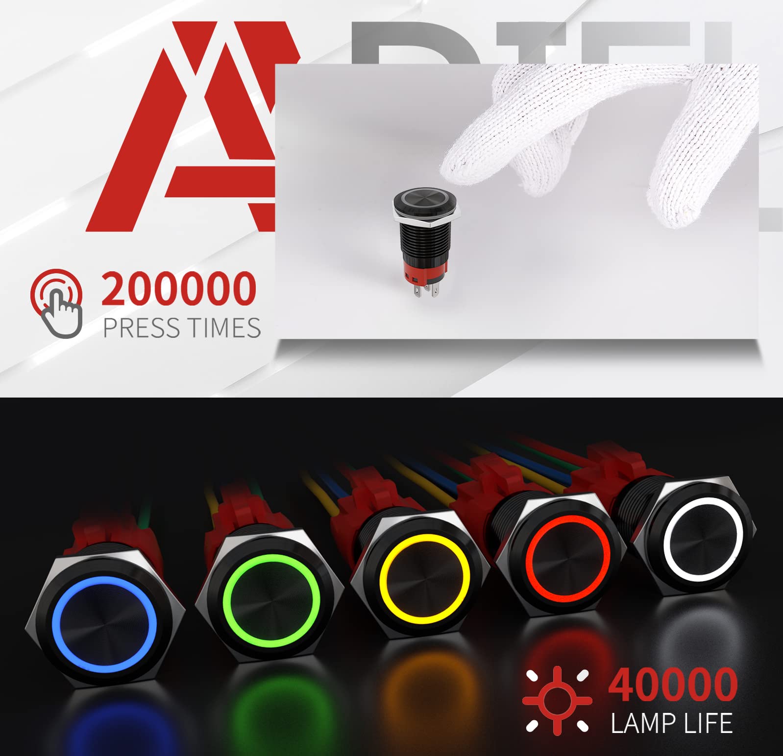 APIELE 16mm Latching Push Button Switch 12V DC On Off Black Shell with LED Angel Eye Head for 0.63" Mounting Hole with Wire Socket Plug Self-Locking (Blue/Black Shell)