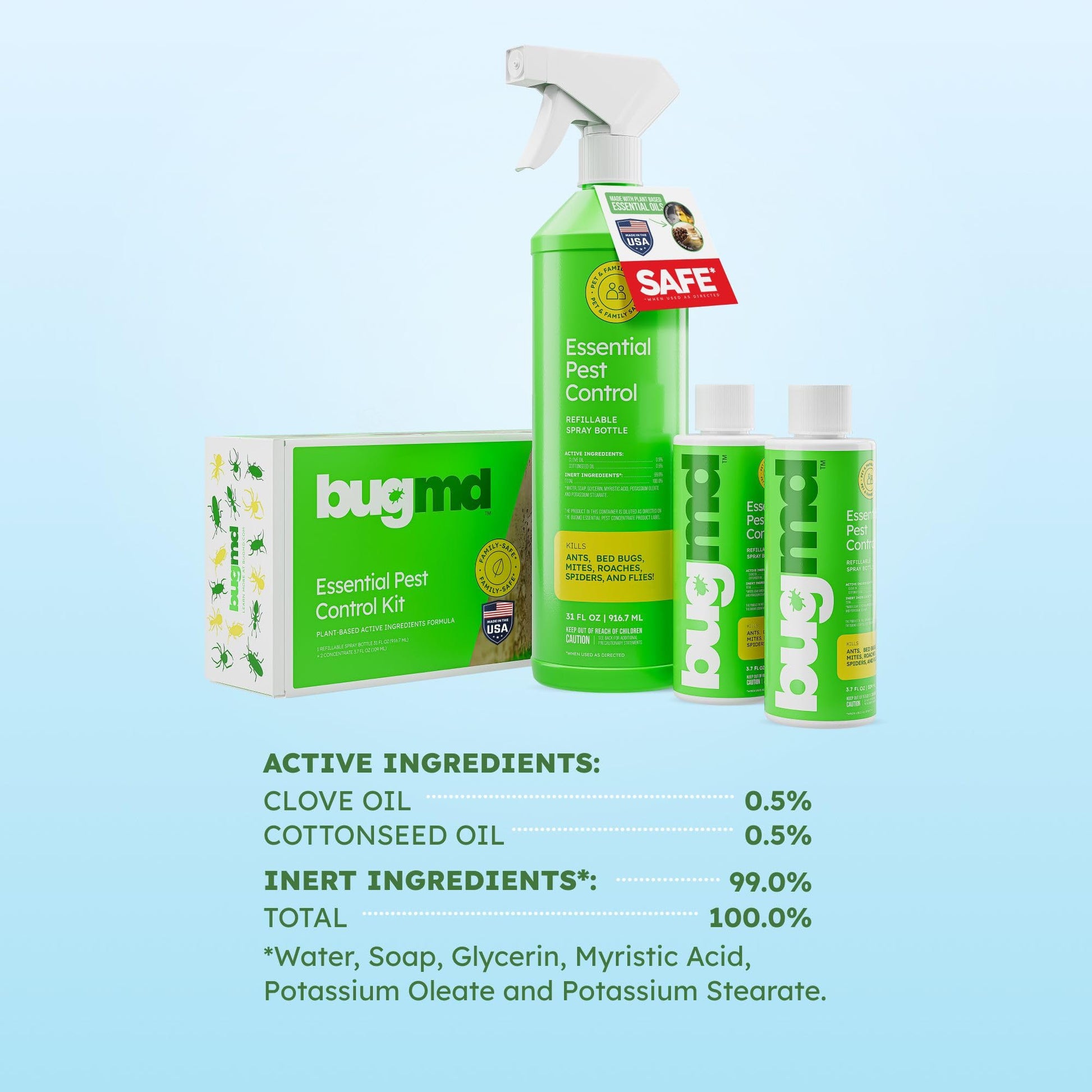 BugMD Ant Killer & Bug Spray - Roach and Cockroach Killer Indoor, Spider Spray for Home, Fly and Insect Defense, Natural, Safe with Essential Oils, Plant-Powered, Pest Control - Starter Kit