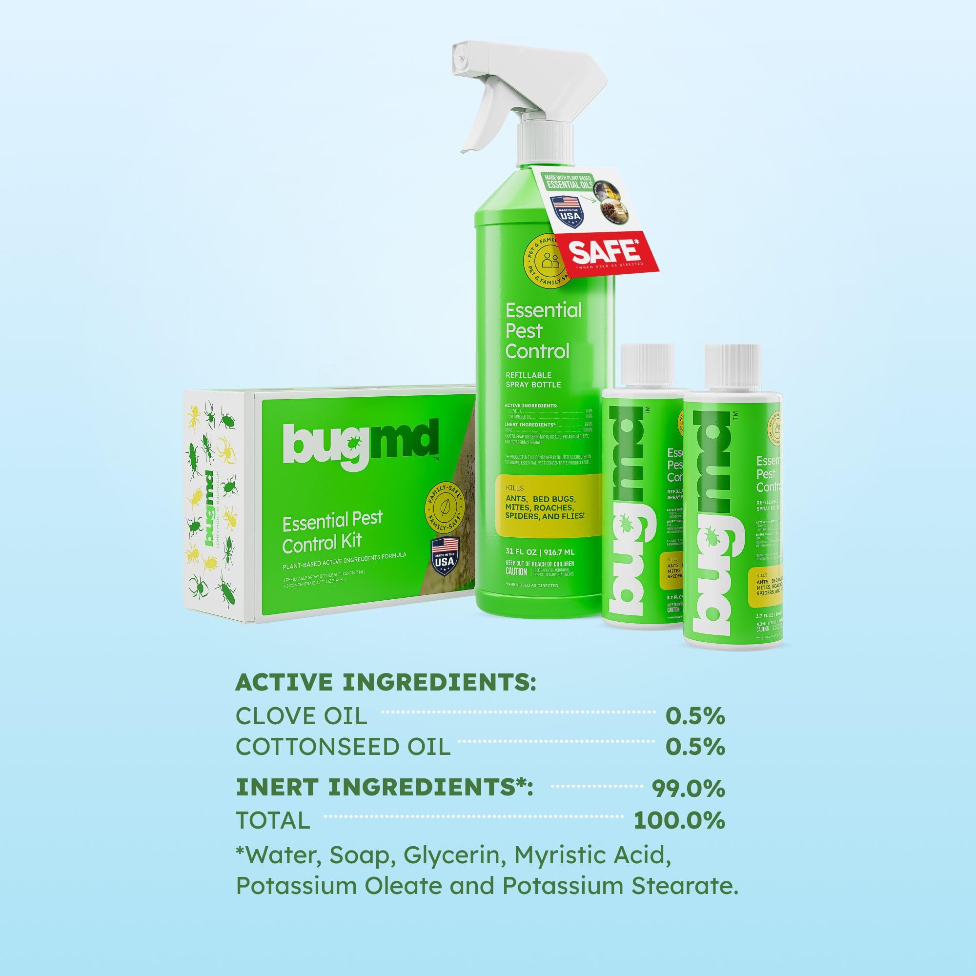 BugMD Ant Killer & Bug Spray - Roach and Cockroach Killer Indoor, Spider Spray for Home, Fly and Insect Defense, Natural, Safe with Essential Oils, Plant-Powered, Pest Control - Starter Kit