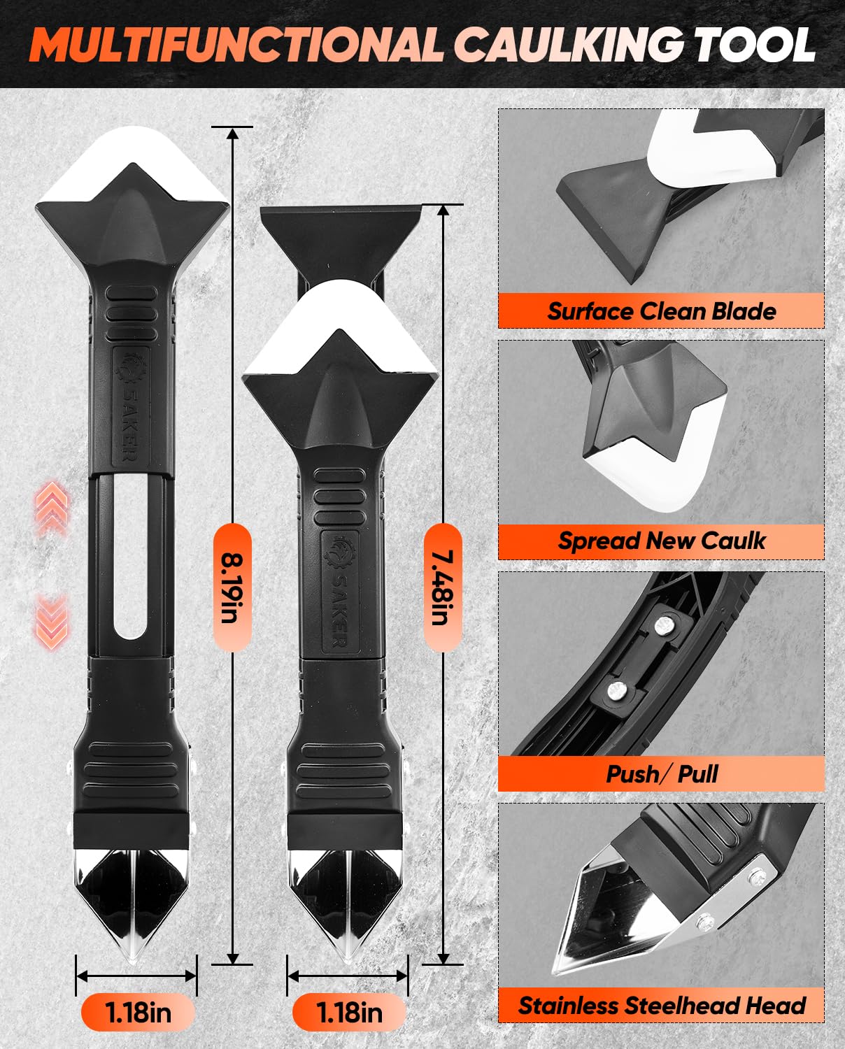 Saker Silicone Caulking Tools-3 in 1 Sealant Finishing Tool Grout Remove Scraper (Stainless Steelhead),Caulk Remover Glass Glue Angle Scraper for Bathroom,Kitchen,Floor,Window,Sink Joint,Frames Seal
