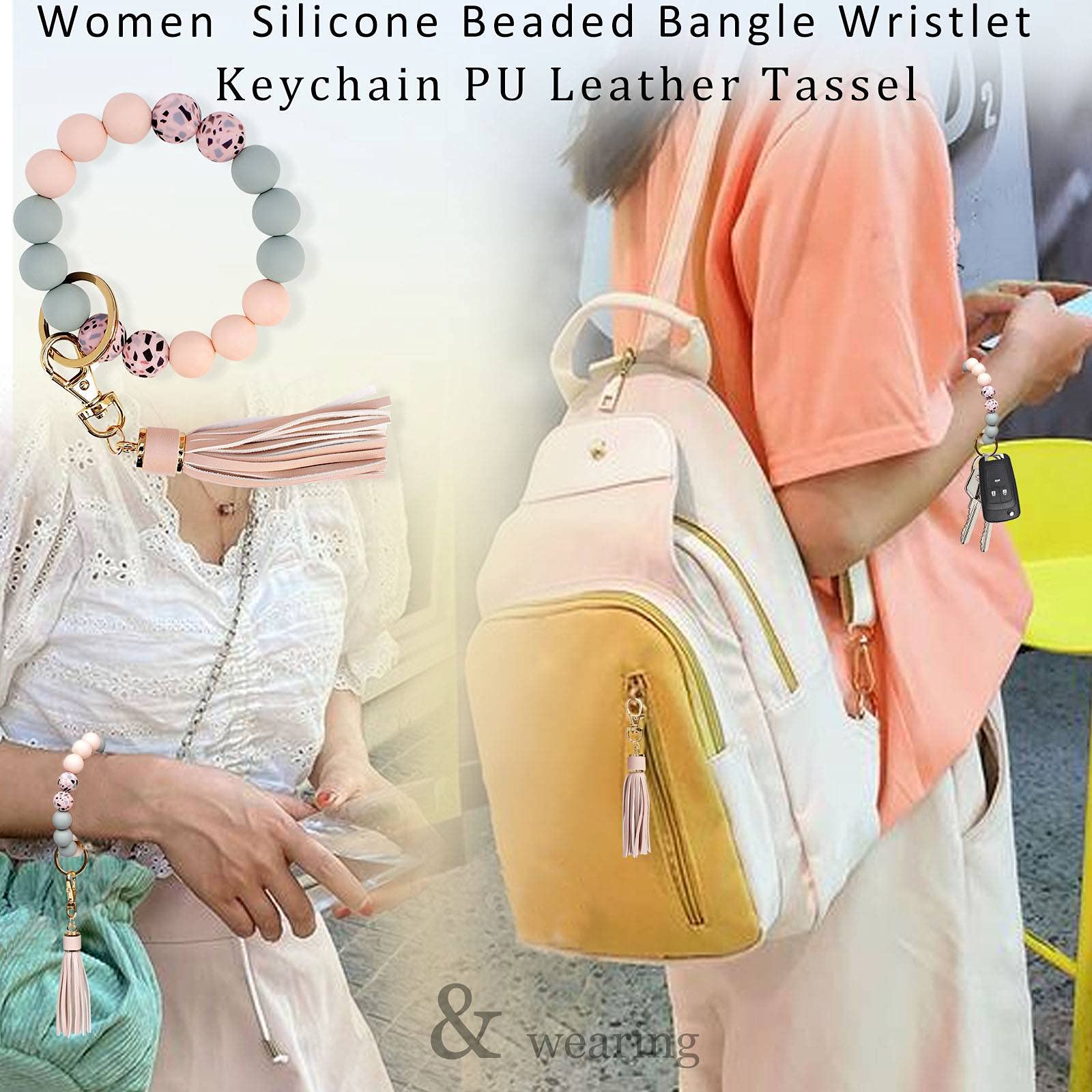 BIHRTC Keychain Wristlet Bracelet Silicone Key Ring Bracelet Wristlet Keychain with Leather Tassel Wrist Key Ring Bangle Silicone Bead keyring for Women
