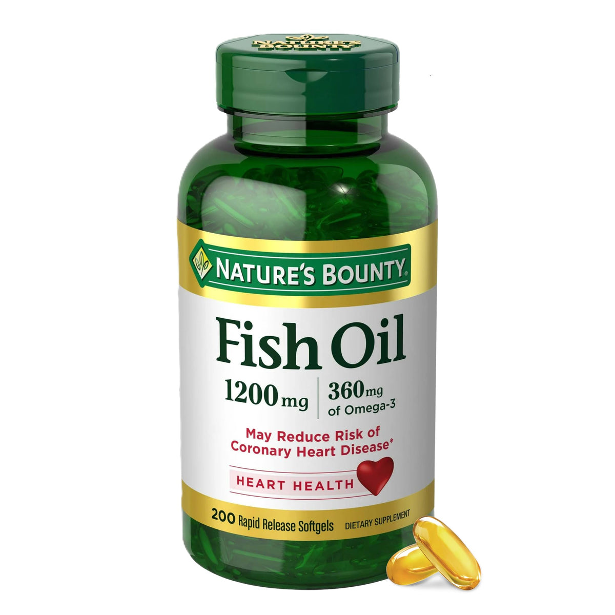 Nature's Bounty Fish Oil Omega 3 Supplements - يدعم صحة القلب، زيت سمك 1200 ملجم، أوميغا 3، 200 كبسولة هلامية (عبوة من 1)