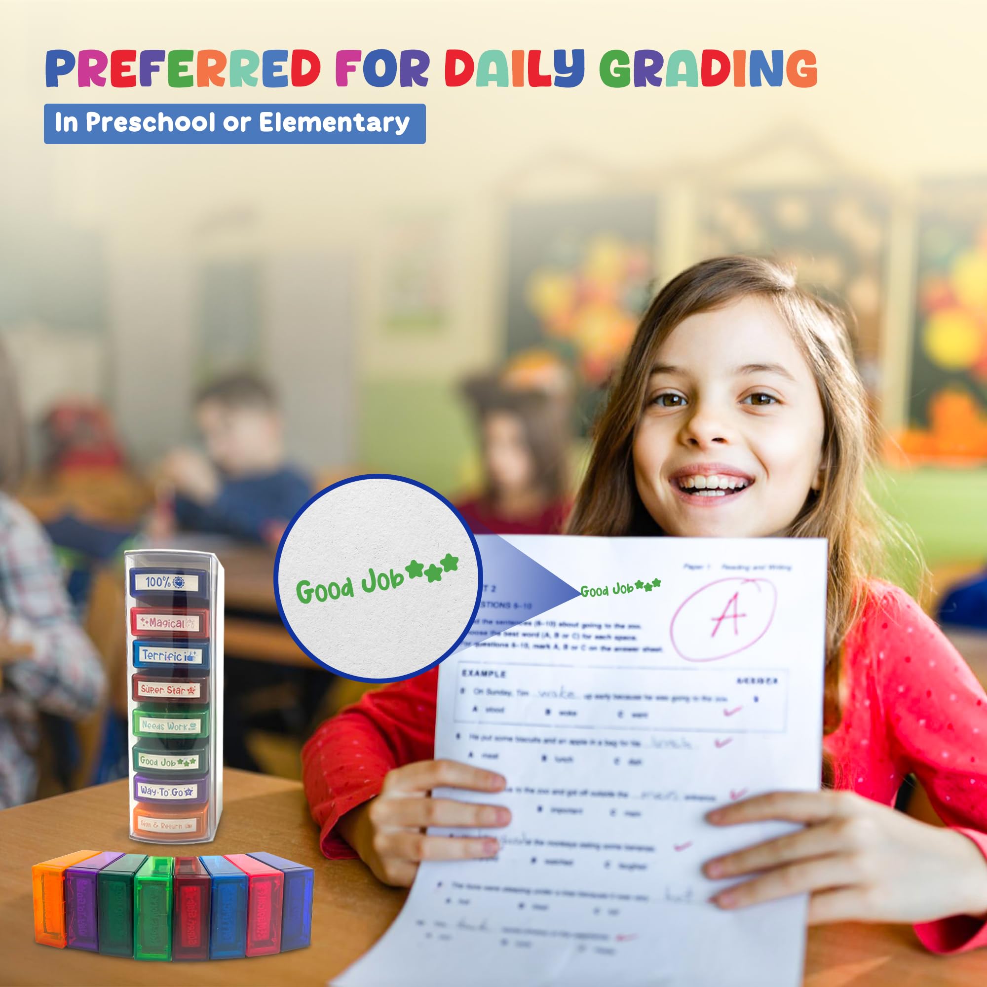4E's Novelty 8 Pcs Teacher Stamps for Classroom Grading, Self Inking Teacher Stamp with Signs, Multicolor Grading Stamps for Teachers Elementary, School Stamp for Kids, Homework Stamp Set Bulk