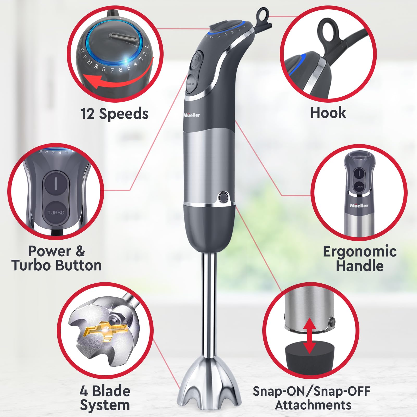 Mueller Multistick 5-in-1 Immersion Blender Handheld, 12 Speed Hand Mixer - Turbo Boost, Heaviest Duty Copper Motor, Titanium Blades Hand Blender, Milk Frother Wand, Whisk, Beaker, Chopper, Grey