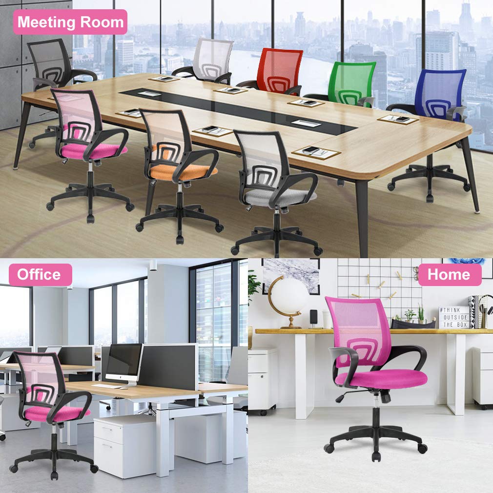 BestOffice | Ergonomic Office Chair | Mid-Back Swivel Desk Chair | Breathable Backrest & Lumbar Support | Adjustable Height | Sponge Seat | Rolling Wheels | Pink | for Adults & Women