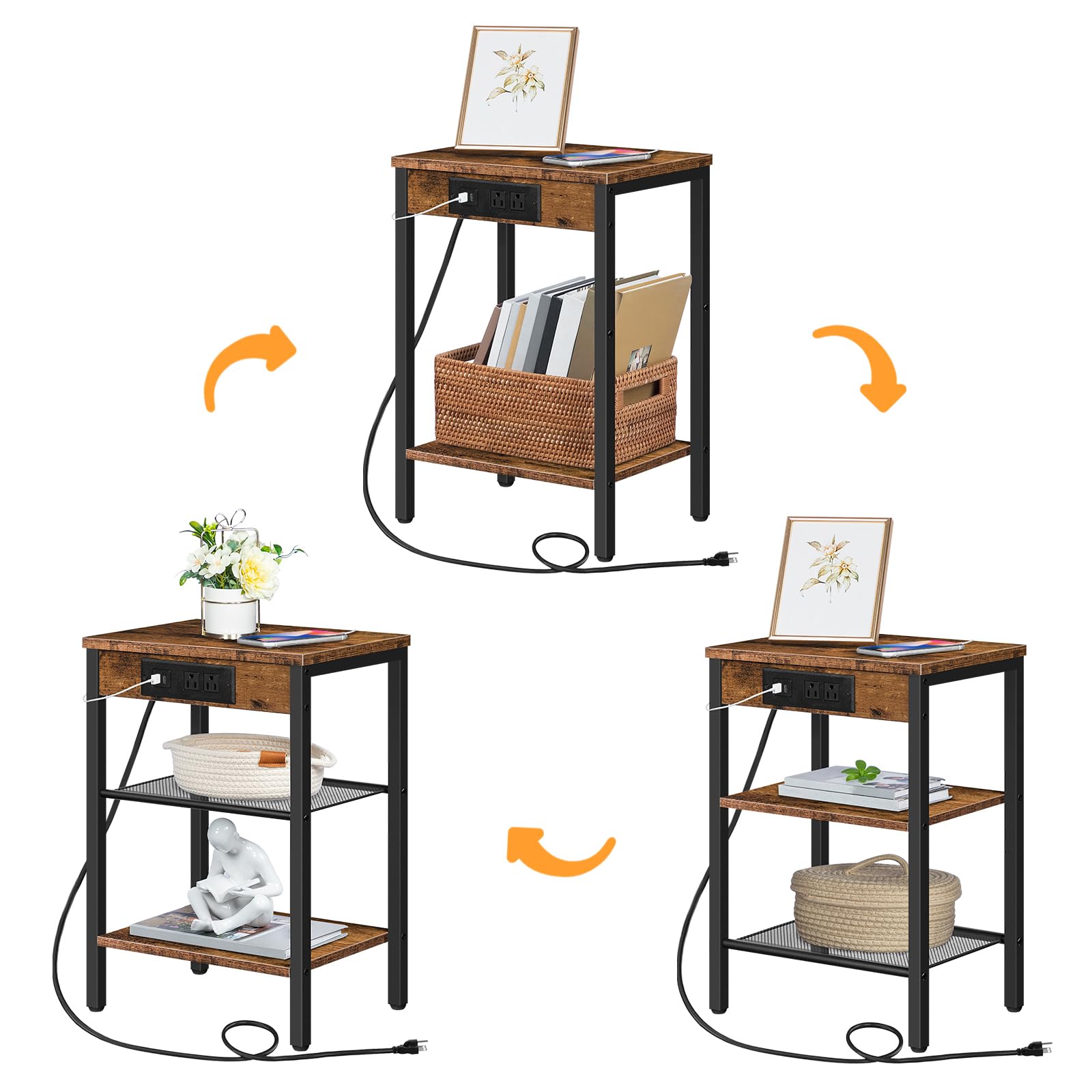 HOOBRO Side Table with Charging Station and USB Port, Small End Table for Small Space, 3-Tier Nightstand with Adjustable Shelf, for Living Room, Bedroom and Balcony, Rustic Brown BF112BZ01