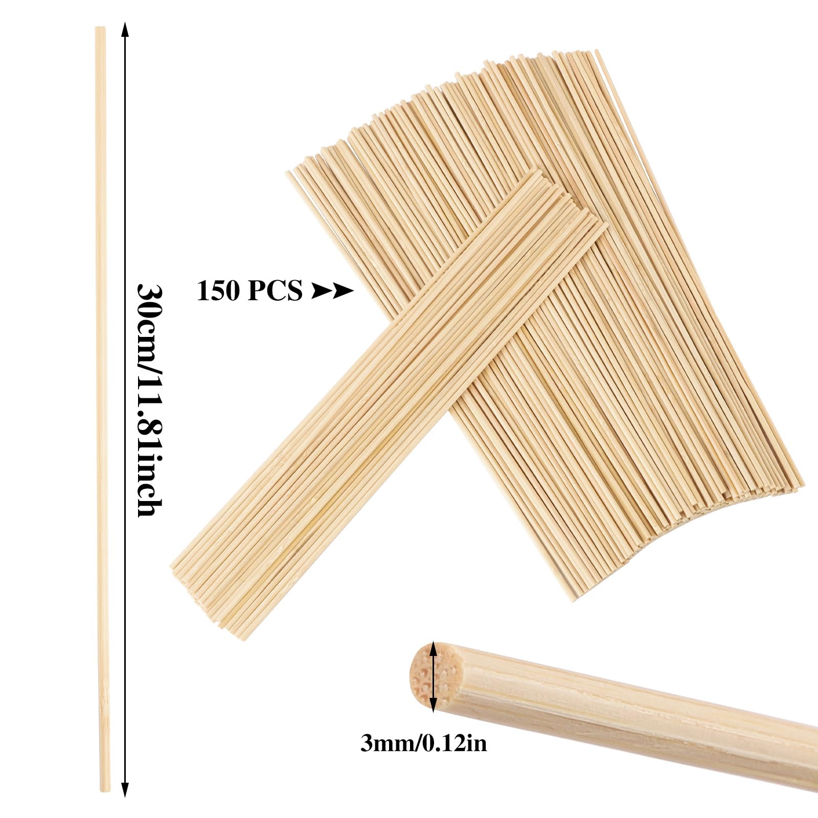 150 Pcs Dowel Rods, 1/8 x 12 Inch Wooden Dowels Craft Wood Sticks Unfinished Natural Bamboo Sticks for Flower Bouquet Crafts and DIYers