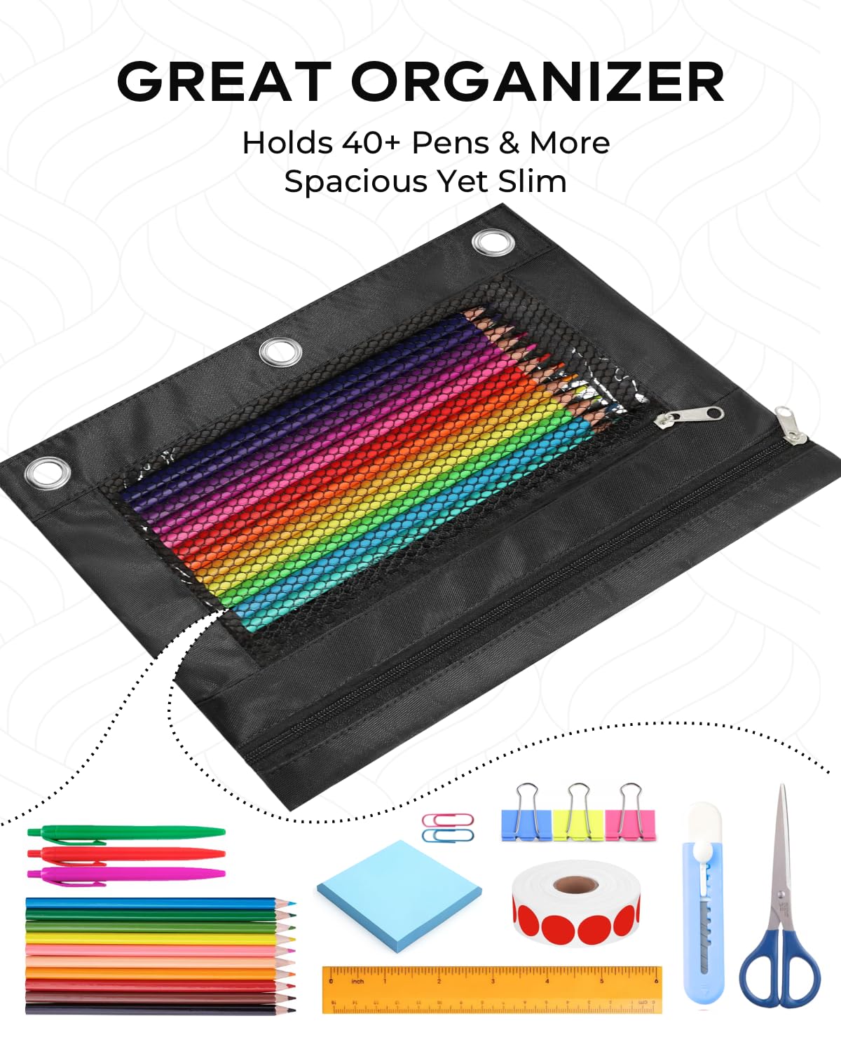INNOIO 3 Ring Binder Pencil Pouch - School Pencil Case with 2 Zippered Pockets, Clear Mesh Window Pencil Bag, B5 Size, Back to School Gifts (Black)