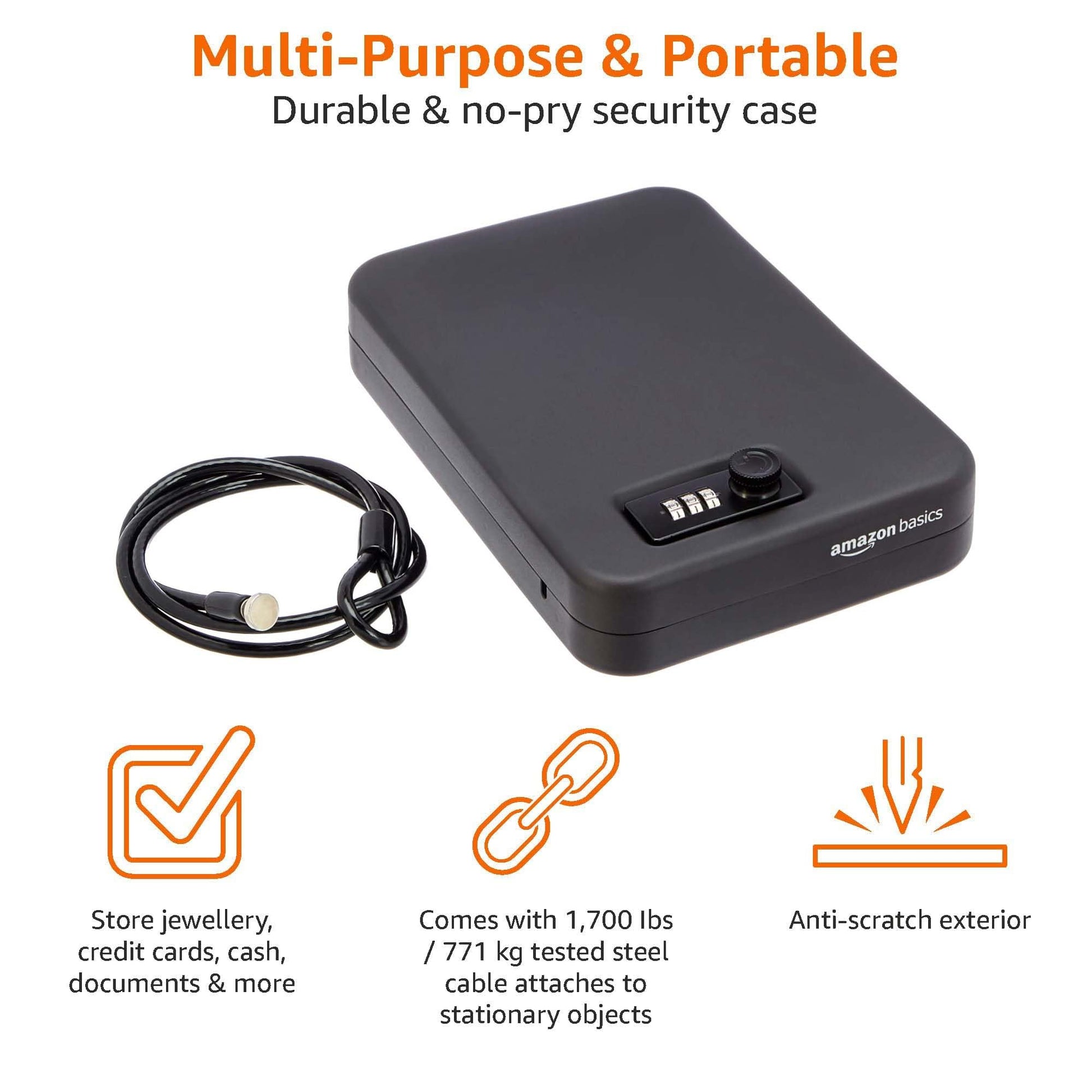 Amazon Basics Portable Security Case Lock Box Safe, Small Lock Box with Code, for College Dorm Room, Home, Combination Lock, XL, Black