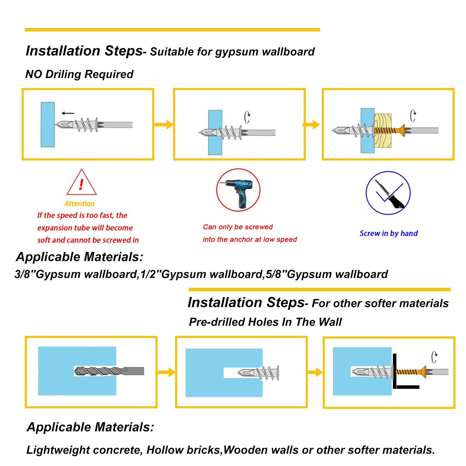 Kevinrooty 3 Sizes Self Drilling Drywall Anchors, 310PCS Nylon Plastic Wall Anchors and Screws for Drywall, No Pre Drill Hole Preparation Required,13x32mm,15x33mm,13x42mm
