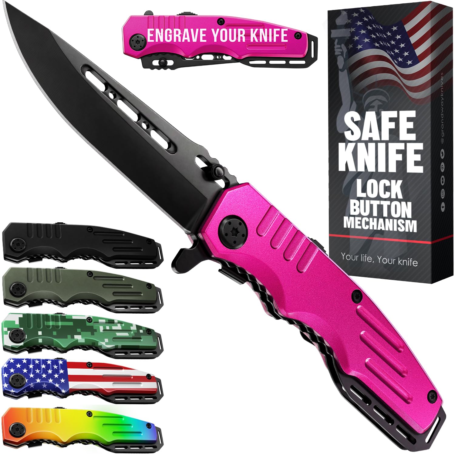 Safety Lock Pocket Knife - Spring Assisted 3.4-inch Sharp Blade - Folding Tactical Black Knife with Aluminum Handle - Ideal Knives Set for EDC Camping Hunting Survival - Birthday Gift for Men & Women 6681