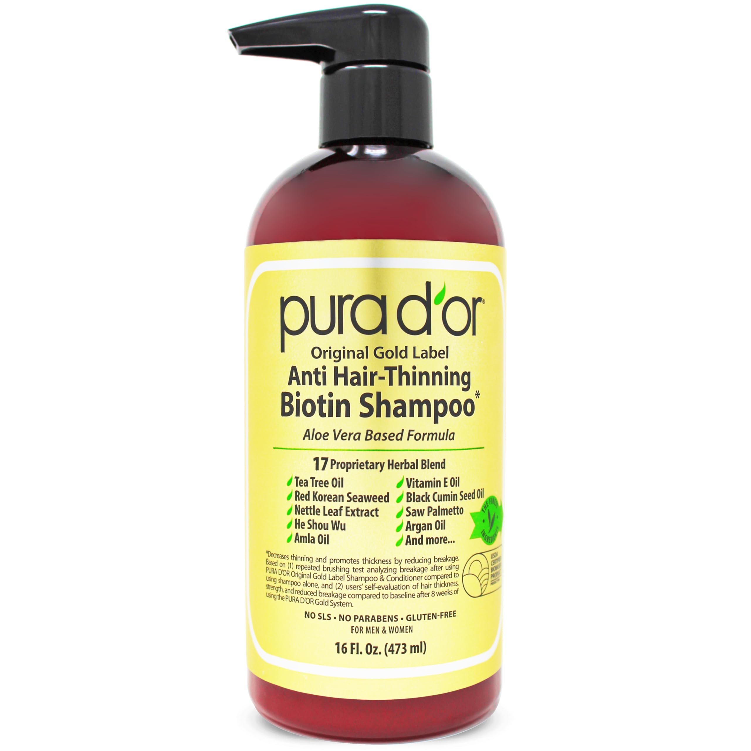 PURA D'OR Original Gold Label Anti-Haarausfall Shampoo Klinisch getestet, angereichert mit Arganöl, Biotin & natürlichen Inhaltsstoffen, Sulfatfrei, Für alle Haartypen, Männer und Frauen, 473 ml (Verpackung kann variieren)