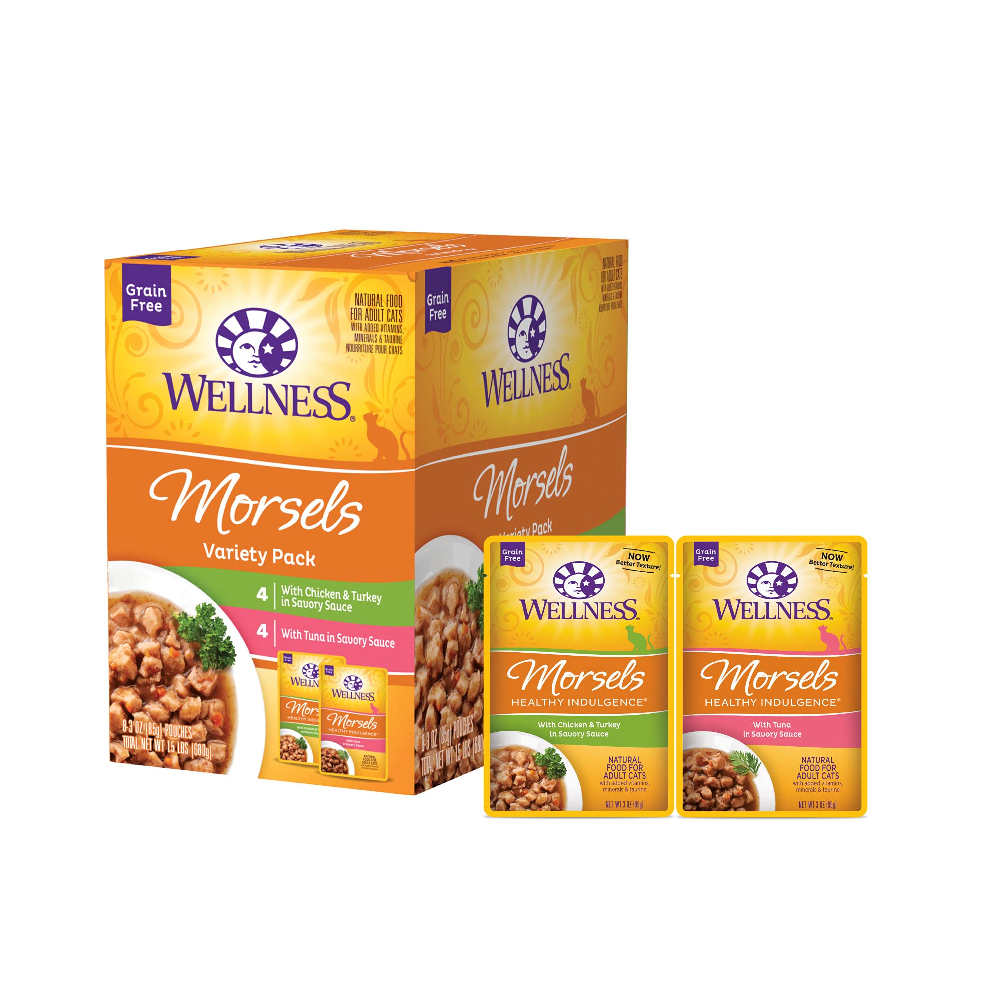Wellness Healthy Indulgence Morsels Grain-Free Wet Cat Food, Made with Natural Ingredients and Quality Proteins, Complete and Balanced Meal, 3 oz Pouches (Morsels Variety Pack, 8 Pack)