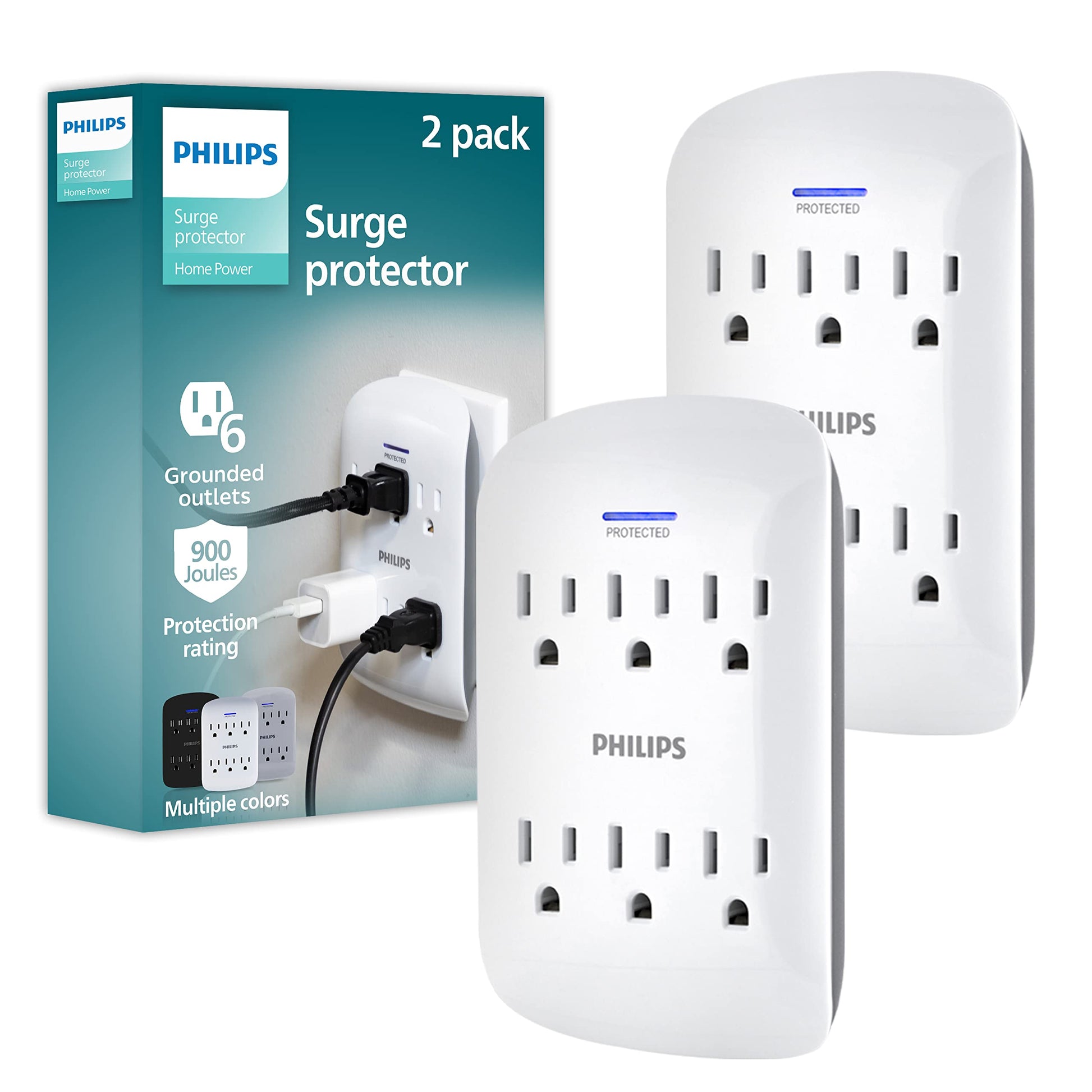 Philips 6-Outlet Surge Protector Tap, 900 Joules, Space Saving Design, Protection Indicator LED Light, Gray & White, SPP3461WA/37