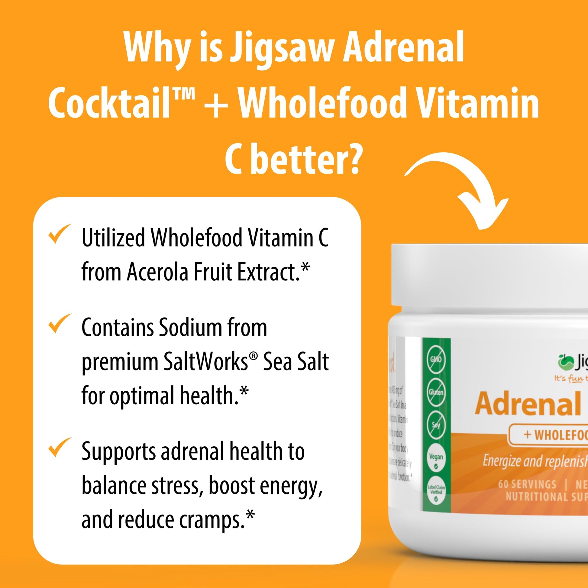 Jigsaw Health Adrenal Cocktail + Wholefood Vitamin C | with Potassium Bicarbonate, Sea Salt, and Acerola Cherry Extract | 60 Servings (Jar)