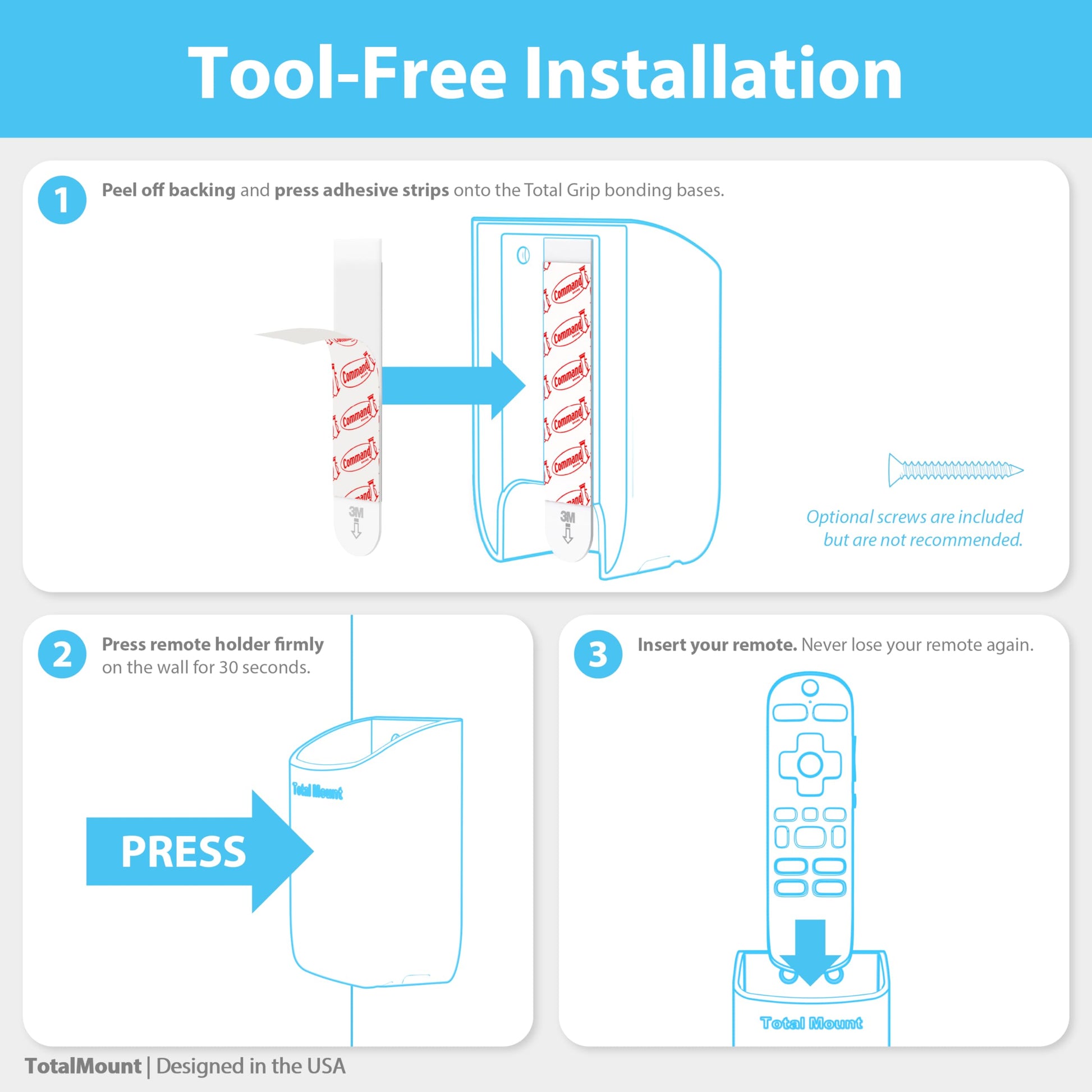 TotalMount Hole-Free Remote Control Holder – Eliminates Need to Drill Holes in Your Wall (Black, Quantity 1)