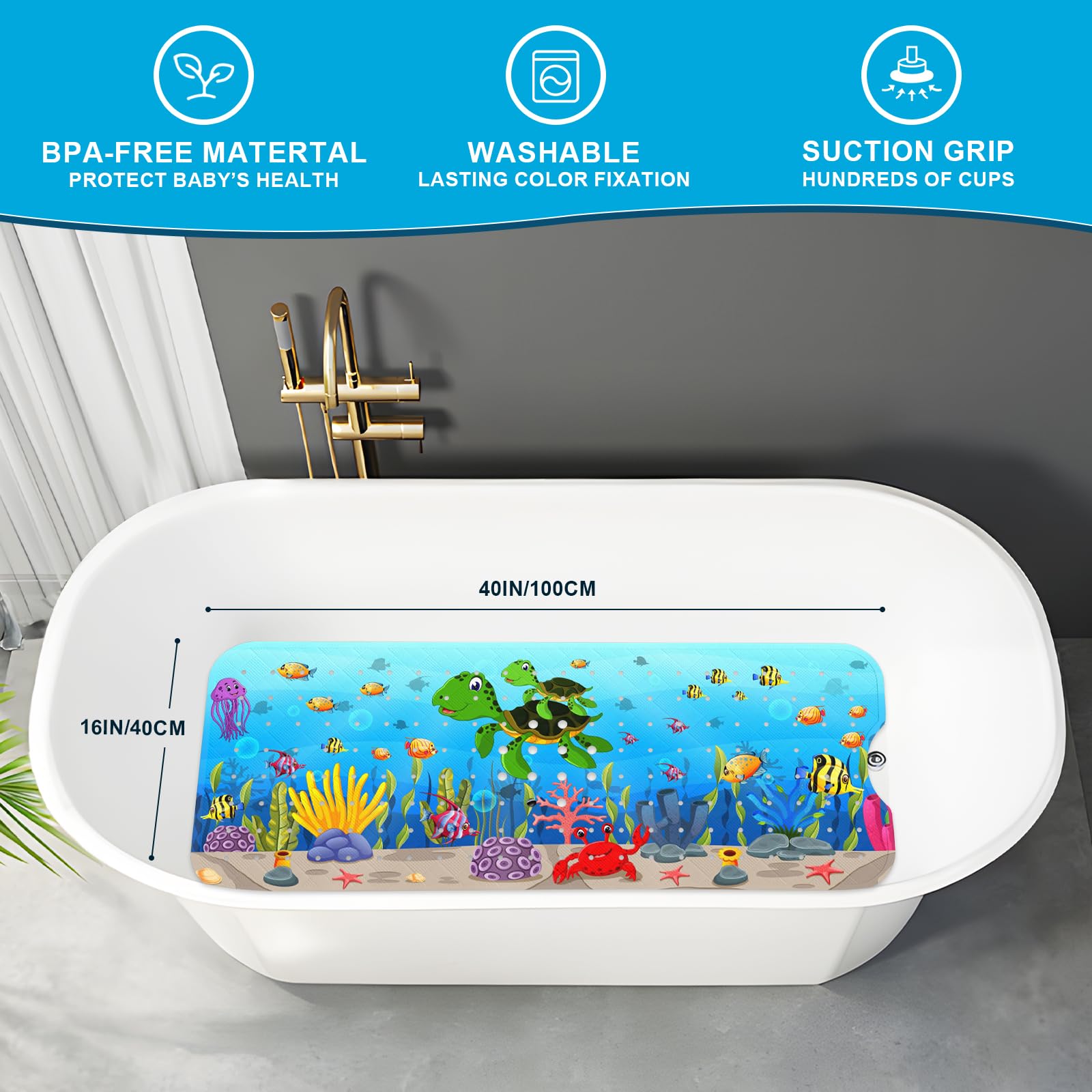 XIYUNTE Baby Bath Mat for Tub Non Slip Kids Bath Mat - 40''x16'' Extra Long Cartoon Sea Turtle Baby Bath Tub Mat Eco-Friendly Toddler Bath Mats with Suction Cups & Drain Holes Easy to Clean & Drying