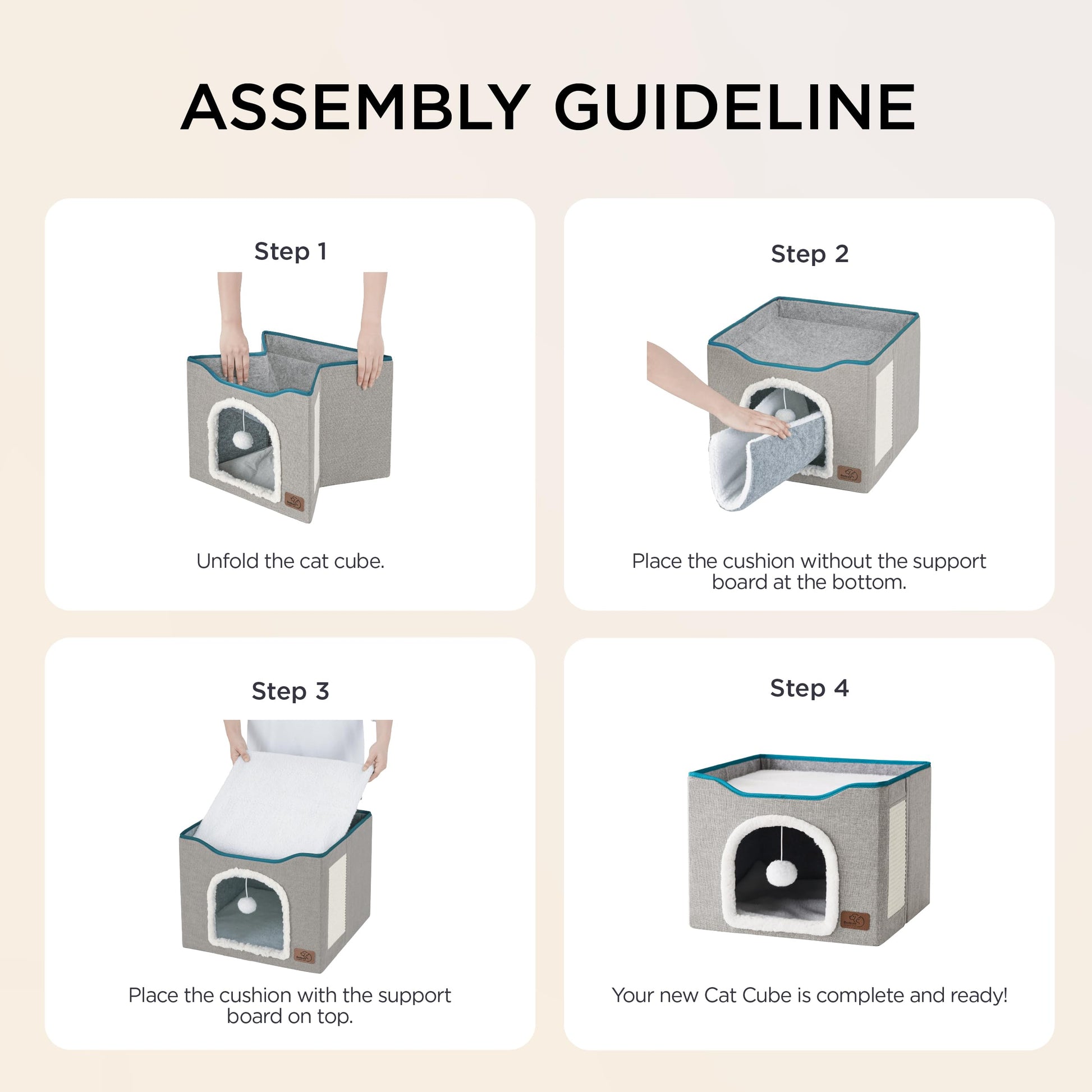 Bedsure Cat Beds for Indoor Cats - Large Cat Cave for Pet Cat House with Fluffy Ball Hanging and Scratch Pad, Foldable Cat Hideaway, 16.5x16.5x13 inches, Grey