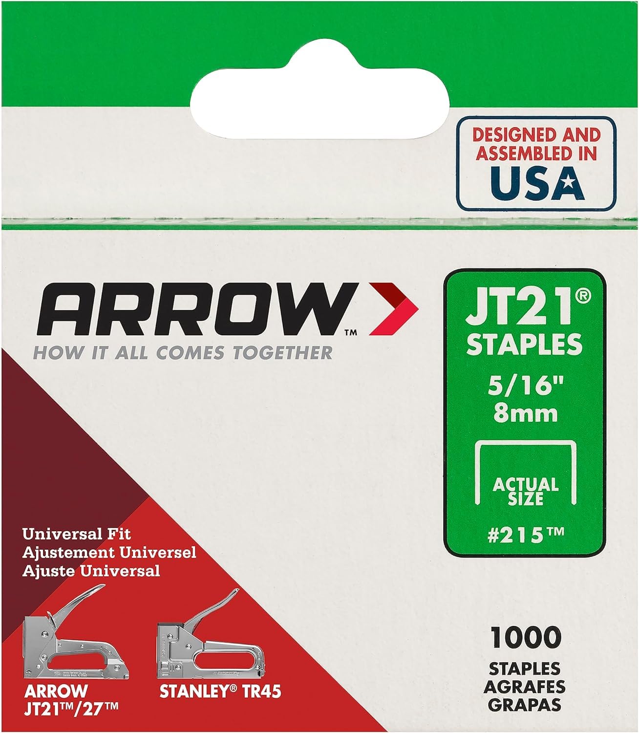 Arrow 215 JT21 Thin Wire Staples for Staple Guns and Staplers, Use for Upholstery, Crafts, General Repairs, 5/16-Inch Leg Length, 7/16-Inch Crown Width, 1000-Pack, Made in the USA