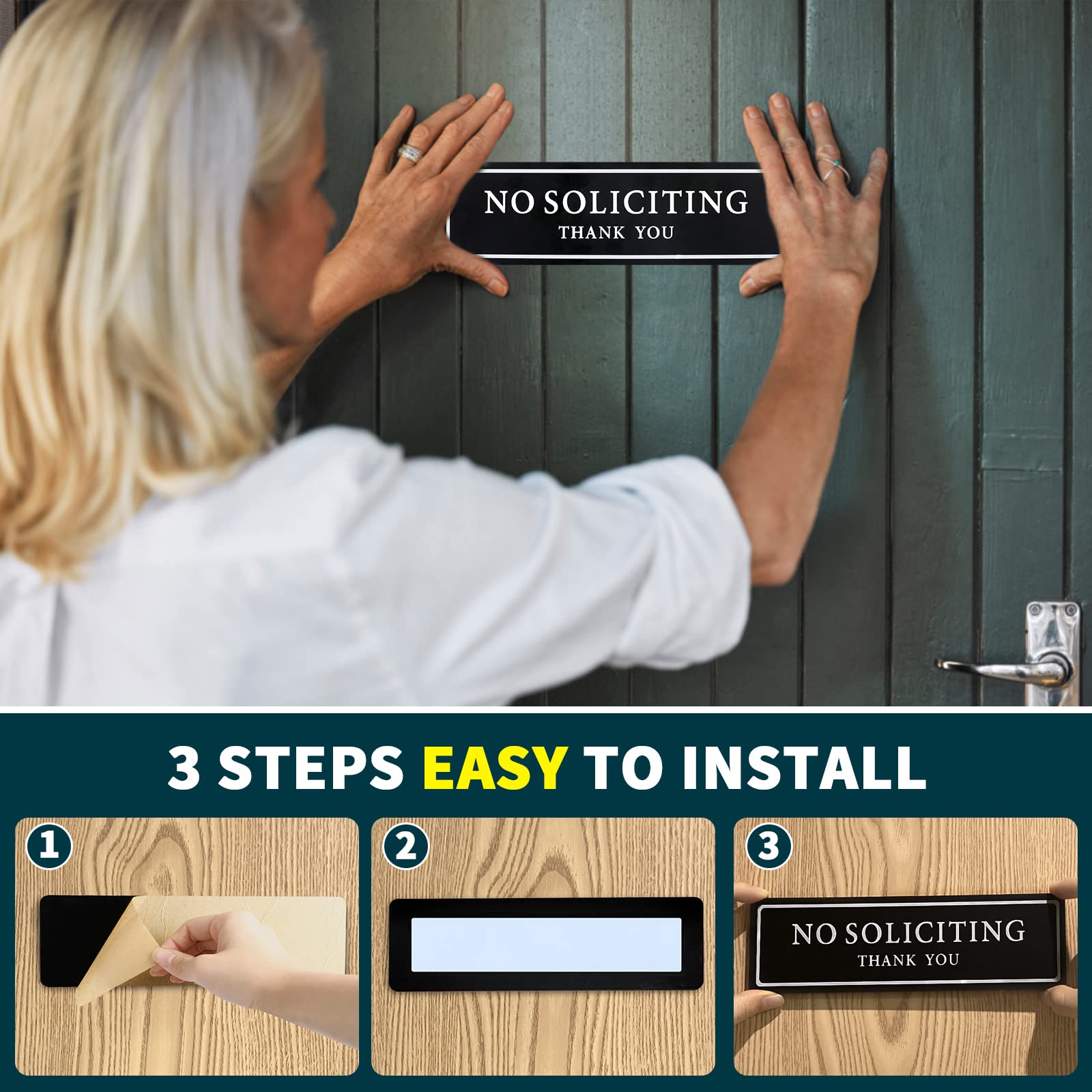 No Soliciting Sign for House — Keep Solicitors Away, with Strong Adhesive Tape for Any Surface, 8.2 × 2.4 Inch, Stylish & Prominent Design, Perfect for Home Office Front Doors, Walls, Windows