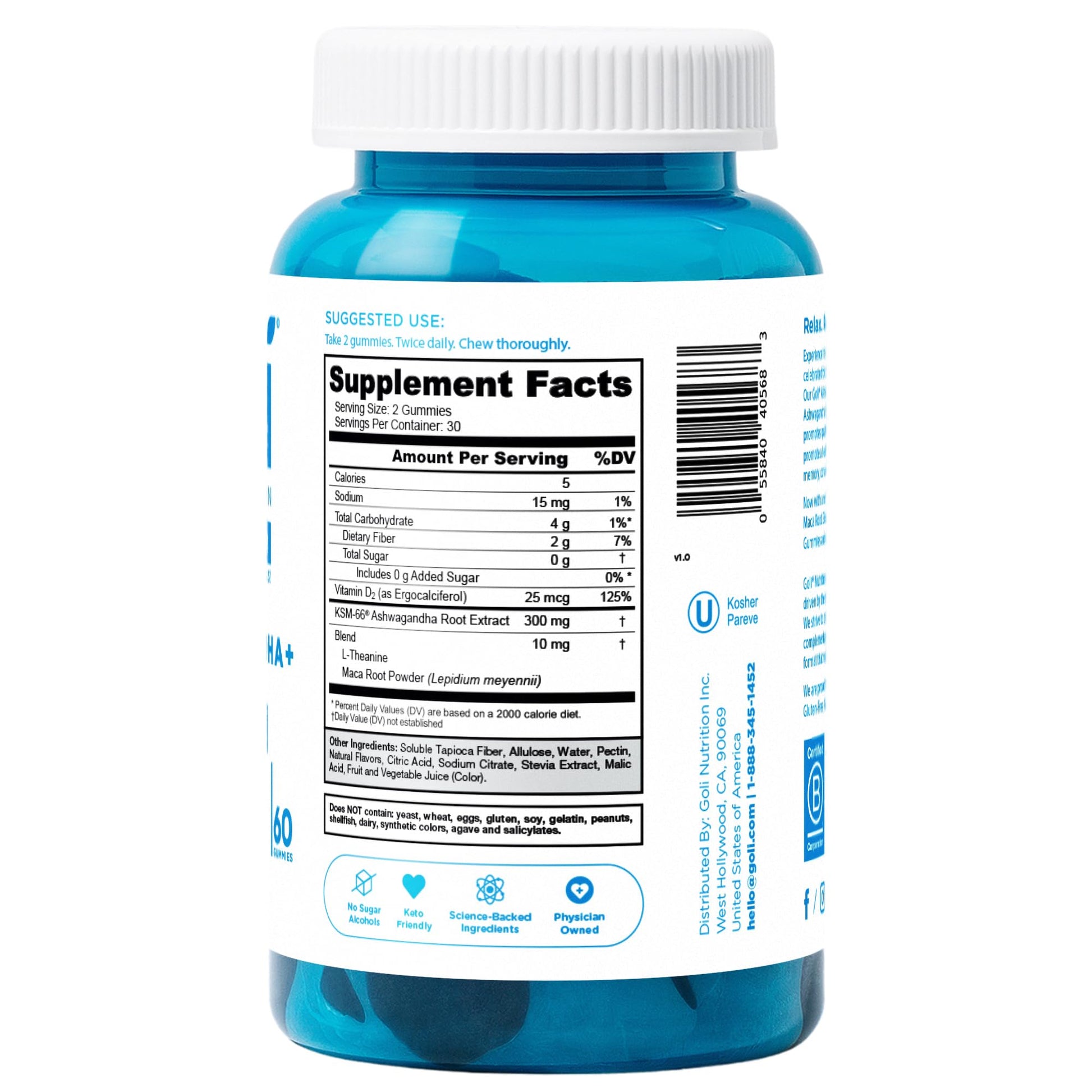 Goli Zero Sugar Ashwagandha & Vitamin D, Maca, L-Theanine Gummies, No Artificial Sweeteners, No Sugar Alcohols. Mixed Berry, KSM-66, Vegan, Plant Based, Non-GMO, Gluten-Free & Gelatin Free. (1)