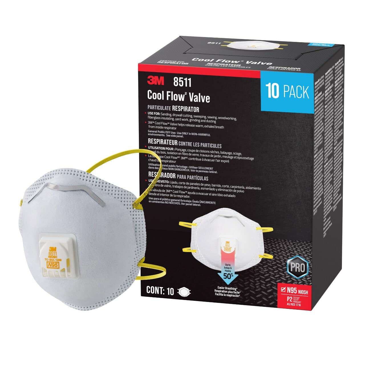 3M N95 Respirator 8511, Cool Flow Valve, 10 Pack, NIOSH-APPROVED, Advanced Filter Media For Easy Breathing, Comfortable For Long Periods Of Wear, Helps Filter Pollen, Mold Spores & Dust (8511PB1-A-PS)