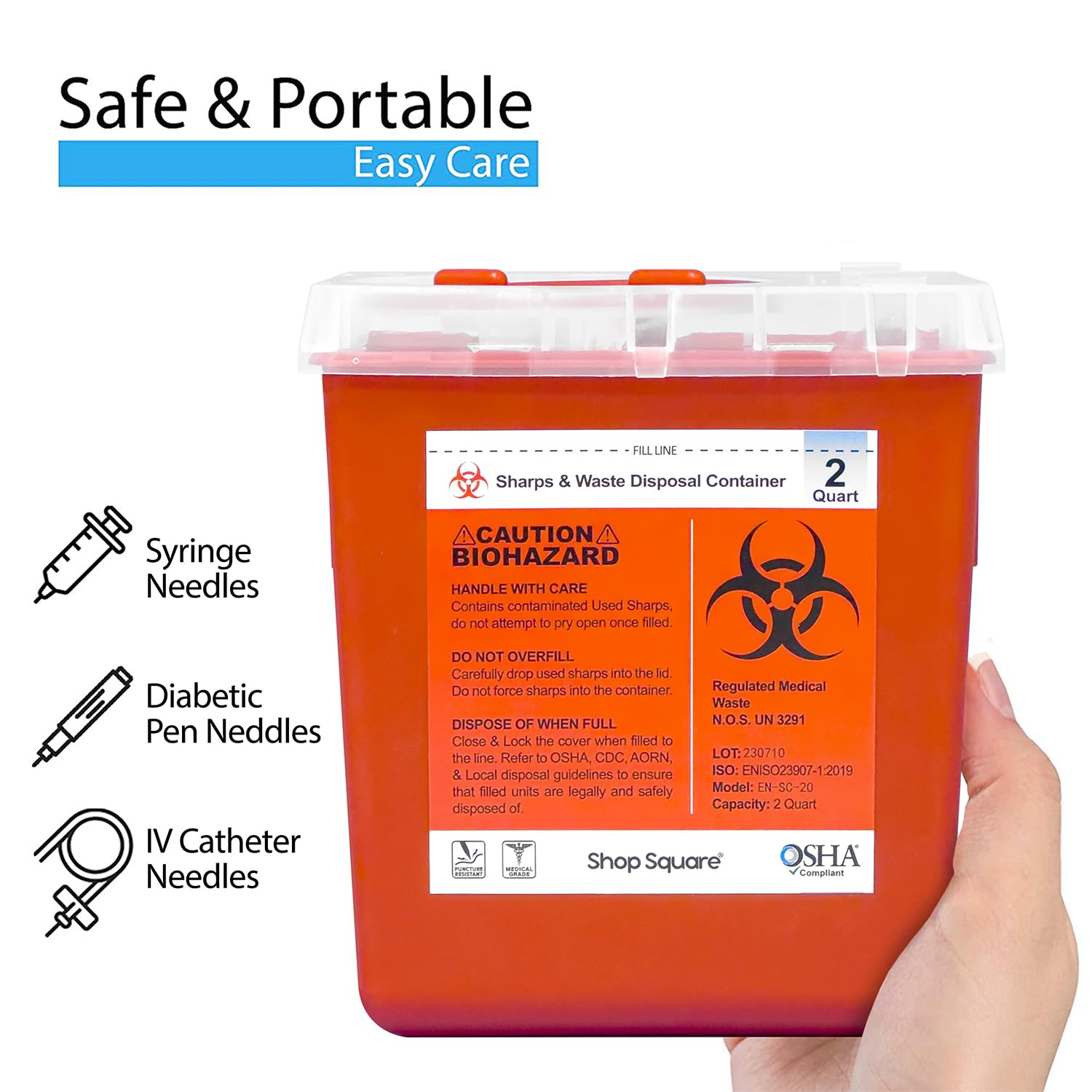 Sharps Container, Sharps Containers for Home Use, Needle Disposal Containers, Sharps Disposal Container, Biohazard Containers, Small Sharps Container - 2 Quart