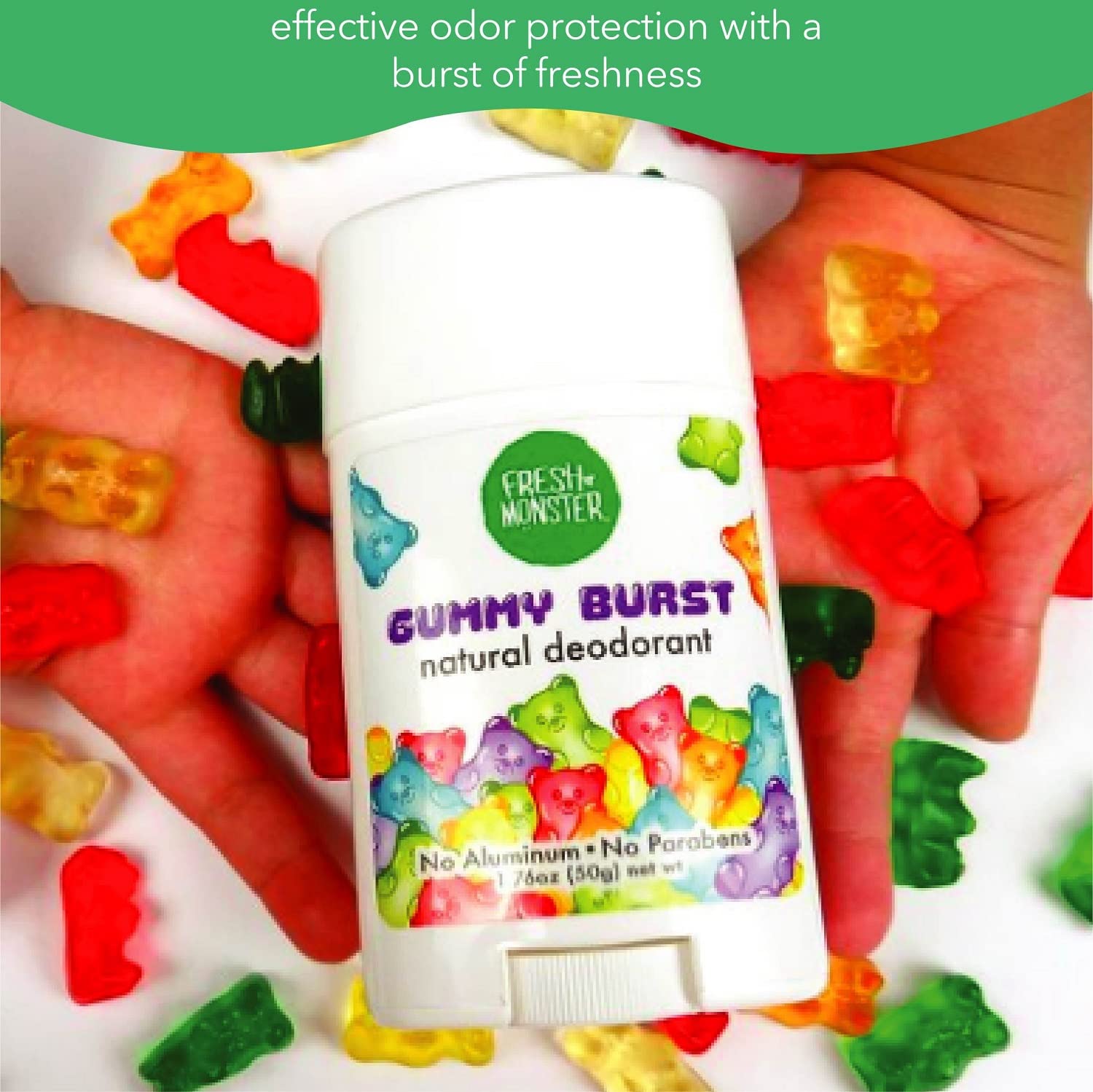 Fresh Monster Natural Deodorant for Kids & Teens I Mom's Choice Gold Award Winner | Aluminum-Free, Paraben-Free, Hypoallergenic I 24-Hour Protection I Beach Gummy Burst Scent I 1.76 oz