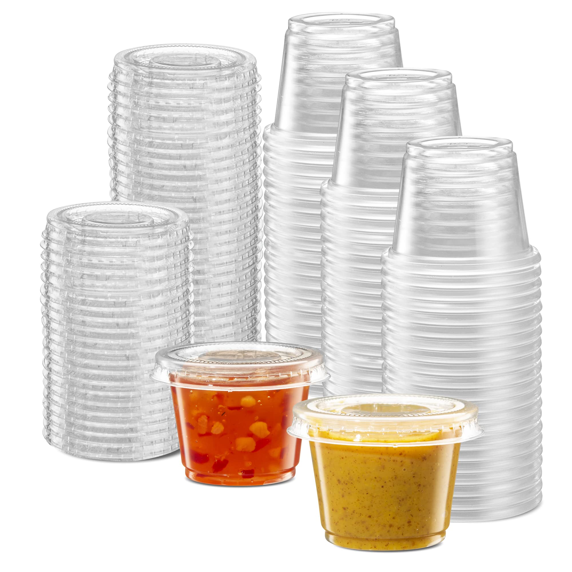 (1 oz - 200 Sets) Clear Diposable Plastic Portion Cups With Lids, Small Mini Containers For Portion Controll, Jello Shots, Meal Prep, Sauce Cups,Condiments, Medicine,Disposable