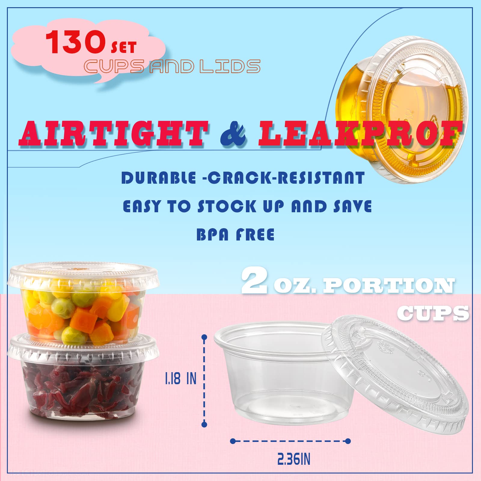 VITEVER 130 sets - 2 oz Jello Shot Cups, Small Plastic Containers with Lids, Airtight and Stackable Portion Cups, Salad Dressing Container, Dipping Sauce Cups, Condiment Cups