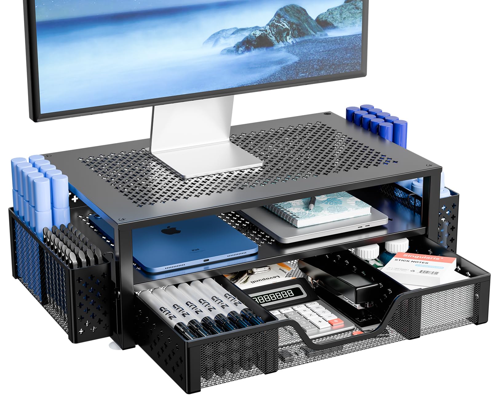 Simple Trending 2-stufiger Monitorständer aus Metall, Monitorerhöhung und Computer-Schreibtisch-Organizer mit Schublade und Stifthalter für Laptop, Computer, iMac, Schwarz