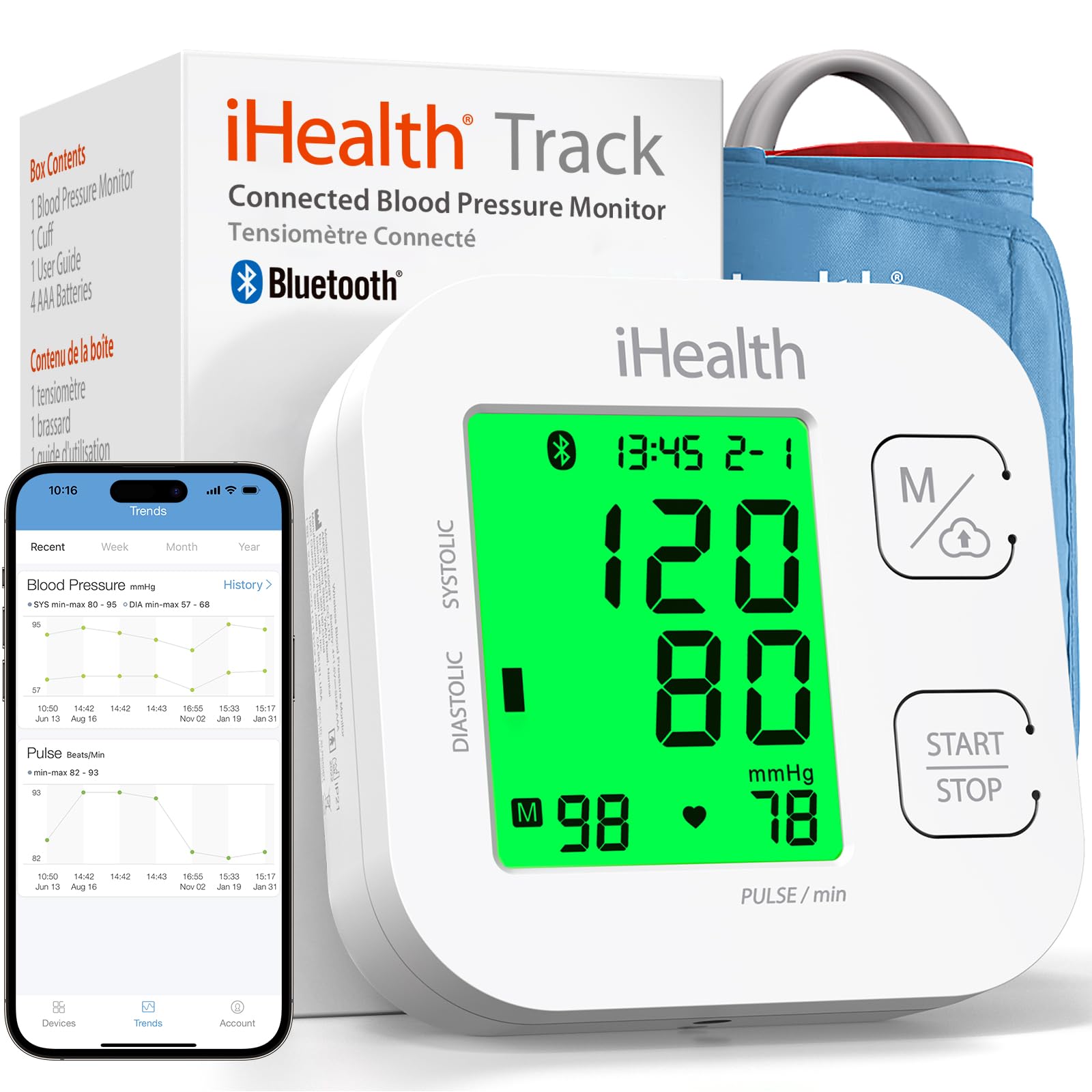 جهاز قياس ضغط الدم الذكي iHealth Track للذراع العلوي مع سوار واسع النطاق يناسب أذرع البالغين من الحجم العادي إلى الكبير، متوافق مع البلوتوث لأجهزة iOS و Android