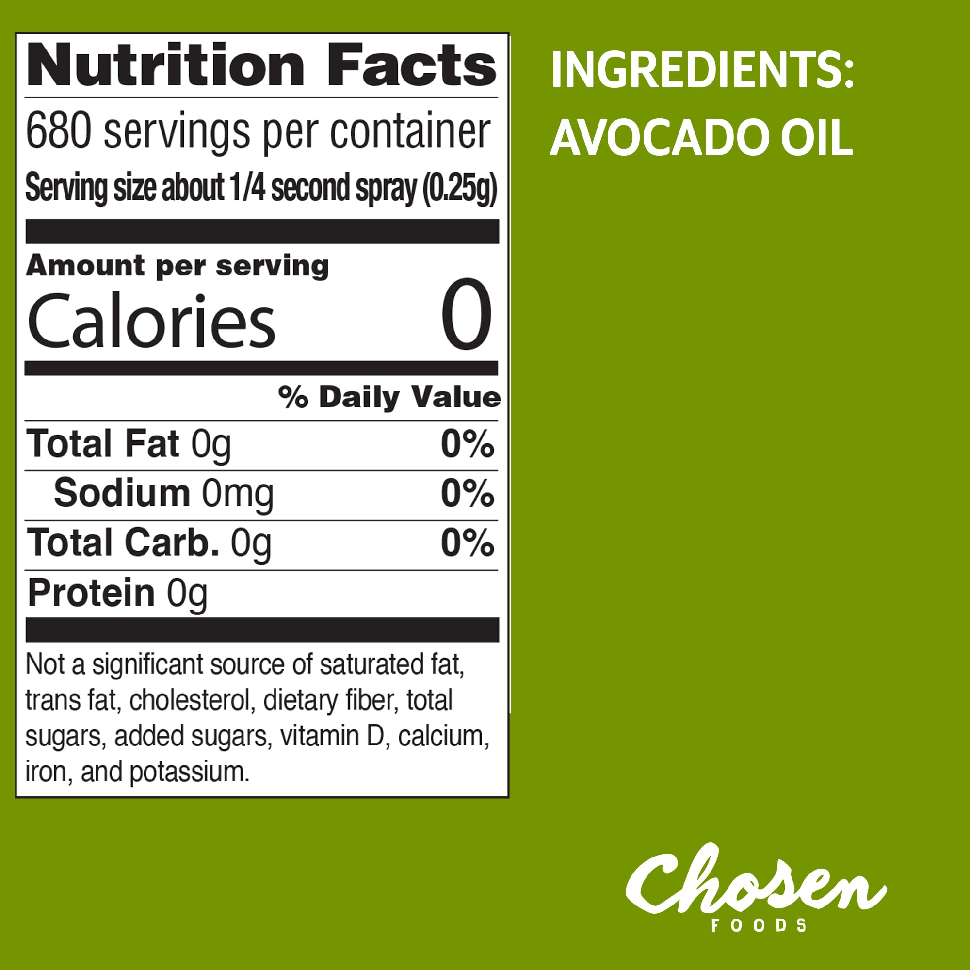 Chosen Foods 100% Pure Avocado Oil Spray, Keto Diet Friendly, Kosher Cooking Spray for Baking, High-Heat Cooking and Frying (6 oz, 3 Pack)